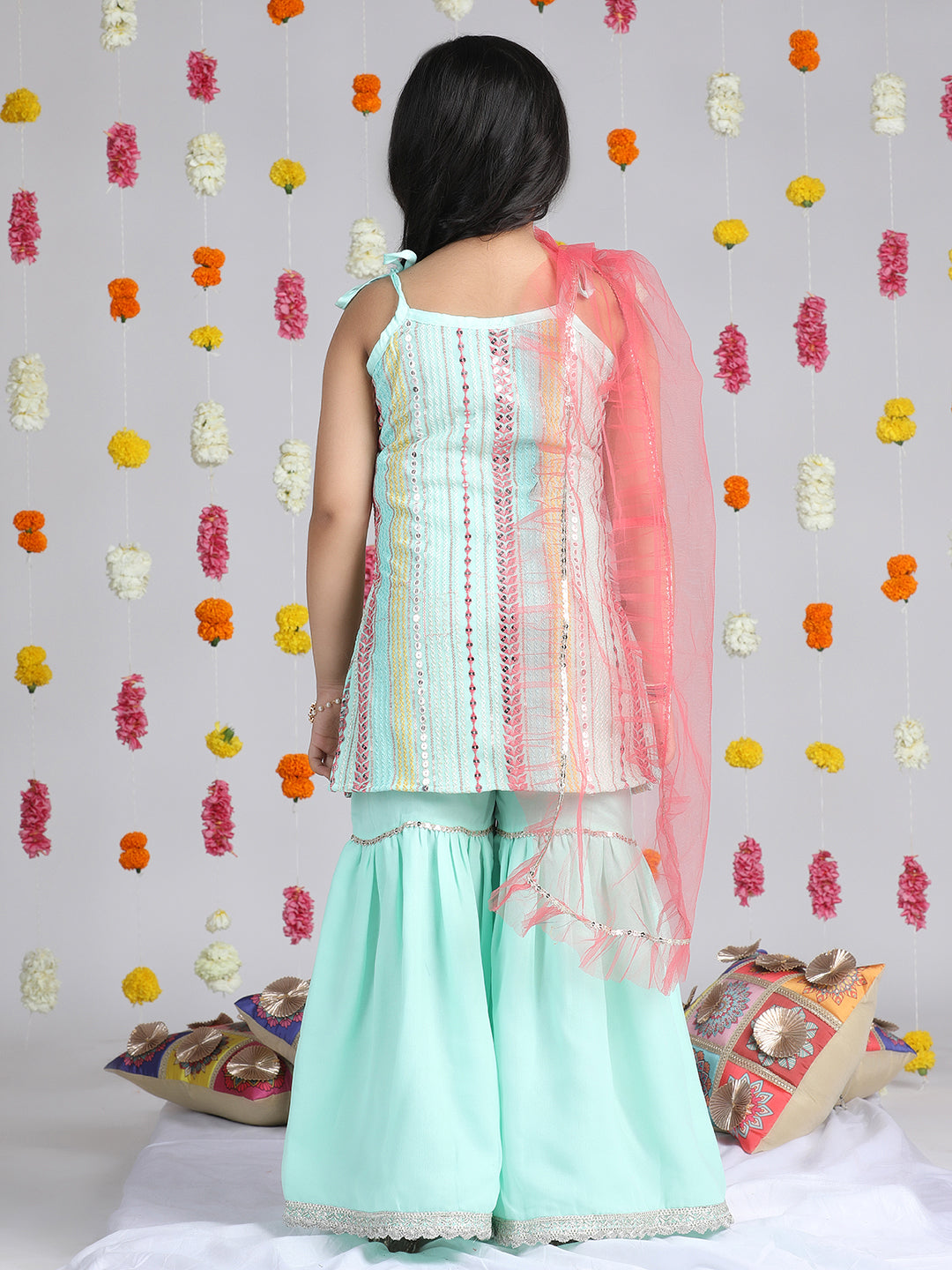 Cutiekins Girls Embroidered Thread Work Georgette Straight Kurta With Sharara & Dupatta -Turquoise Blue & Pink