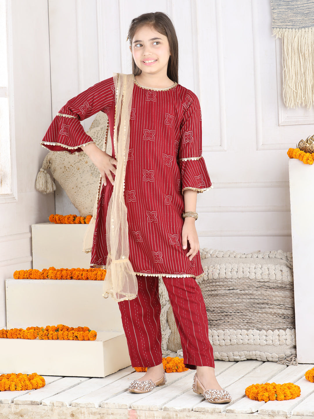 Cutiekins Girls Ethnic Motifs Printed Kurta, Trousers With Dupatta Set- Maroon & Golden