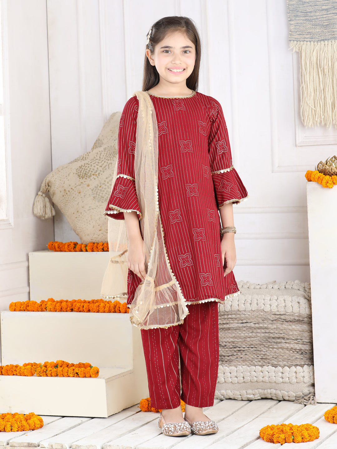 Cutiekins Girls Ethnic Motifs Printed Kurta, Trousers With Dupatta Set- Maroon & Golden