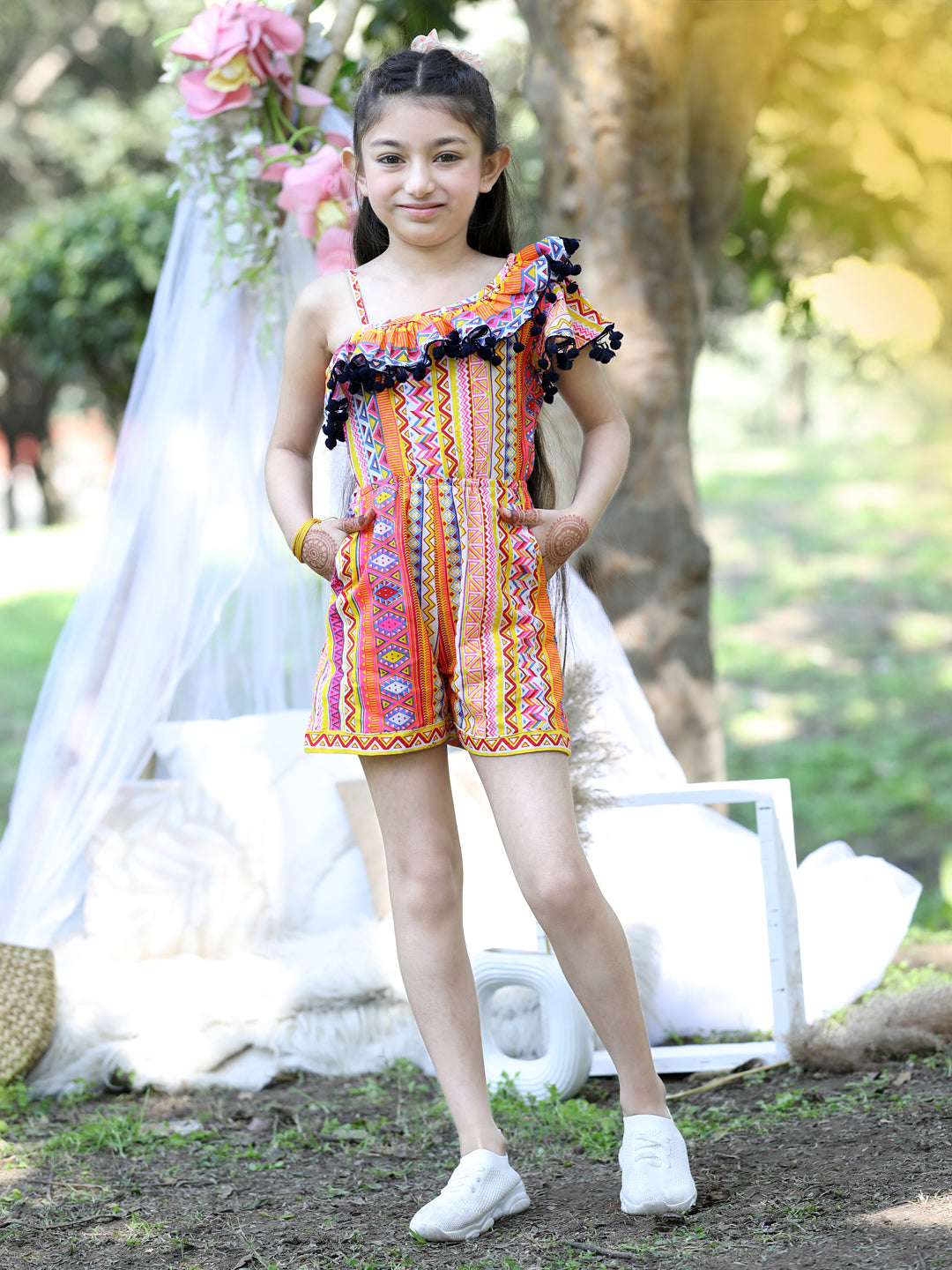 Cutiekins One Shoulder Printed Cotton Playsuit -Orange & Black