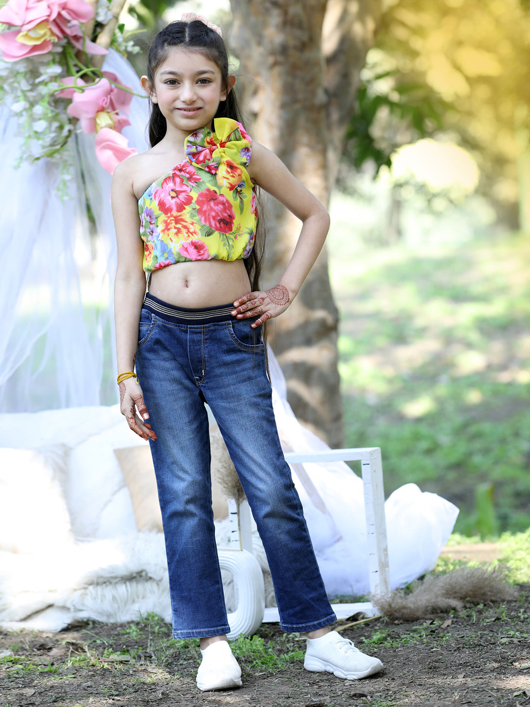 Cutiekins One Shoulder Printed Crop Top-Lemon Yellow & Pink