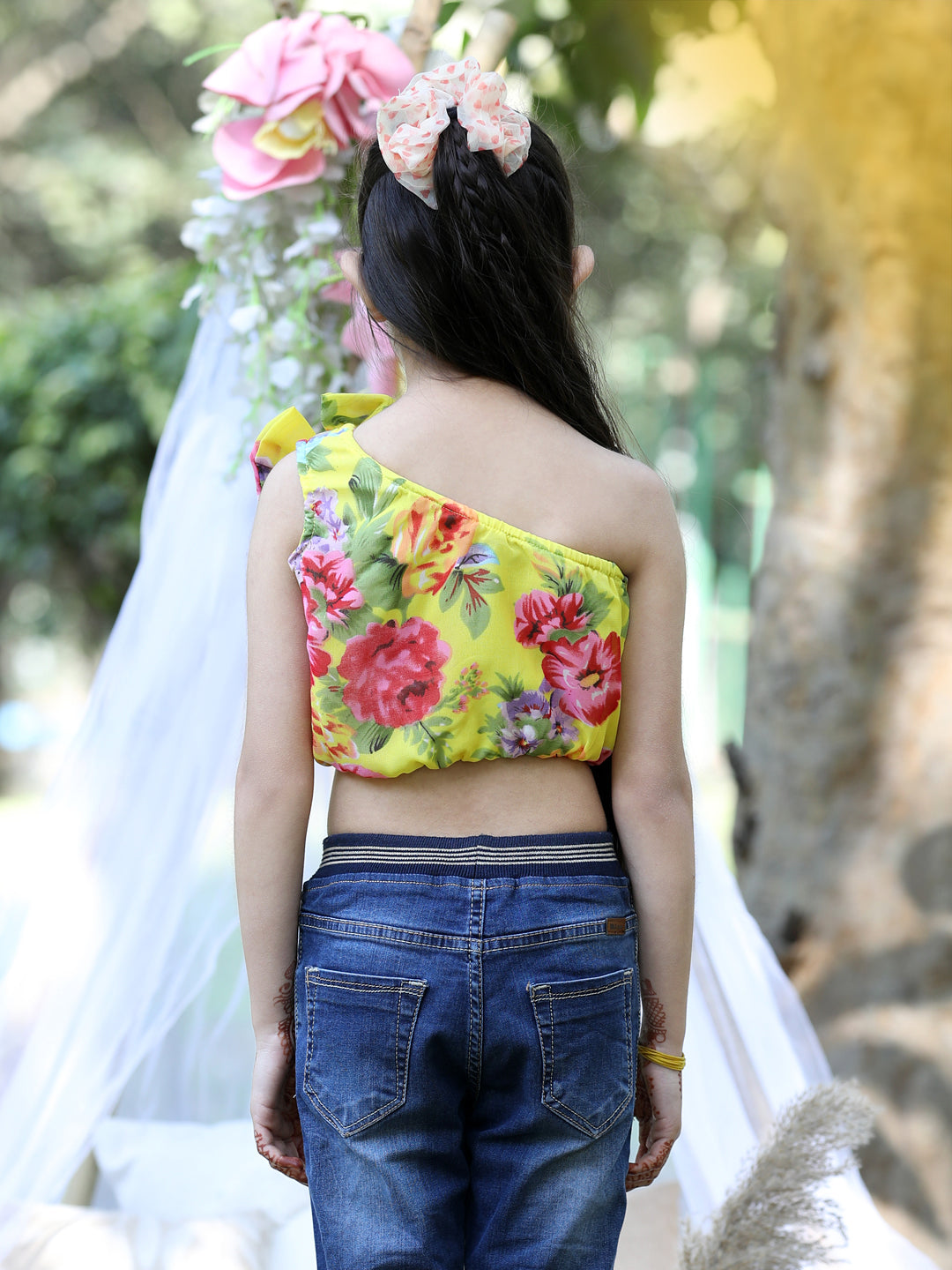 Cutiekins One Shoulder Printed Crop Top-Lemon Yellow & Pink