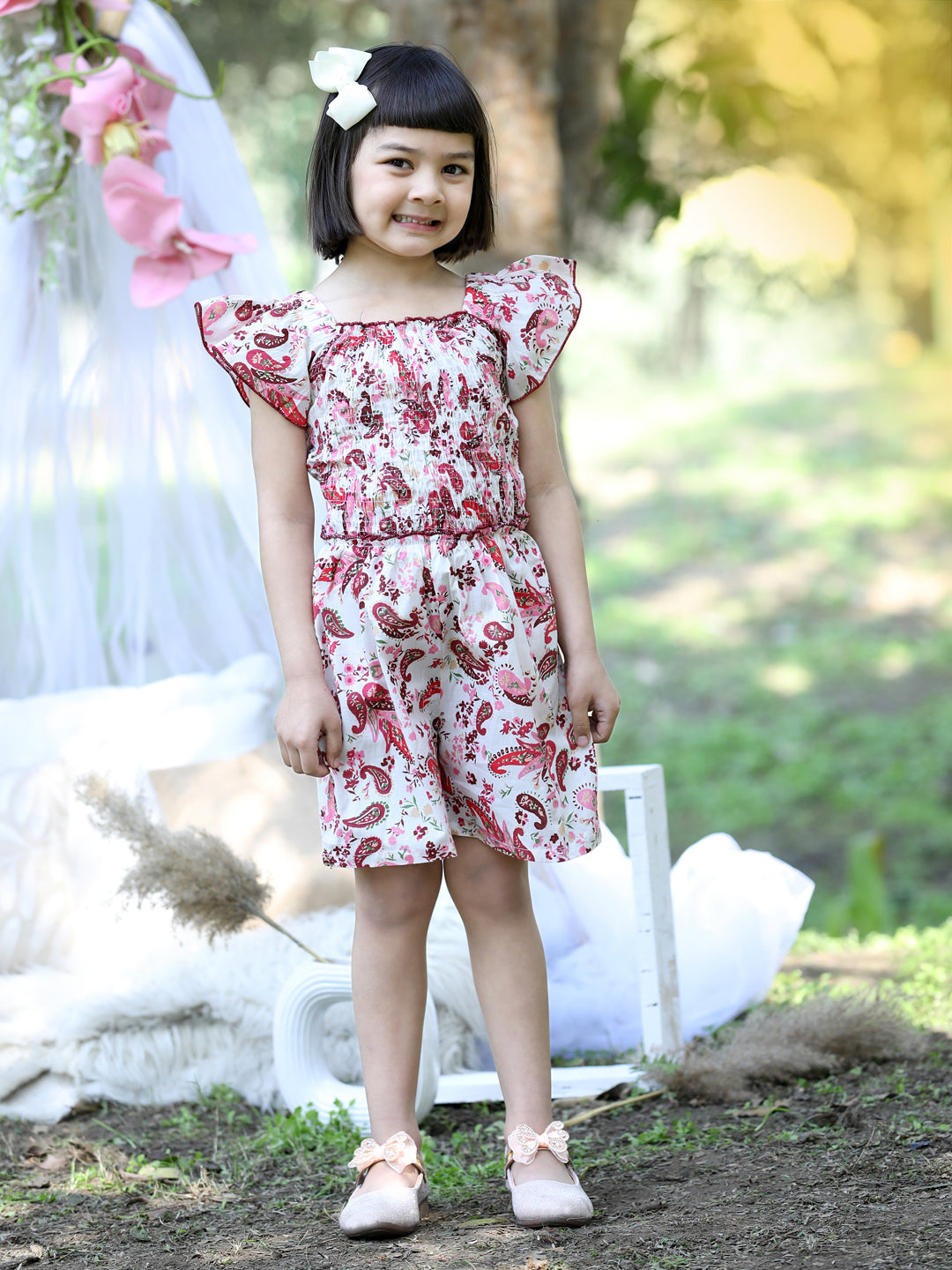 Cutiekins Square Neck Printed Cotton Playsuit -White & Maroon