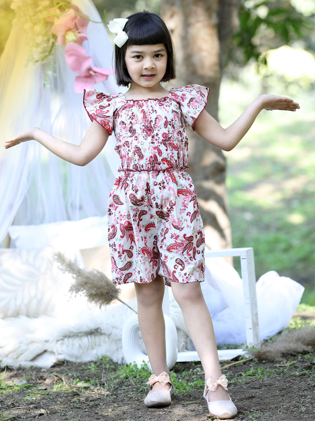 Cutiekins Square Neck Printed Cotton Playsuit -White & Maroon