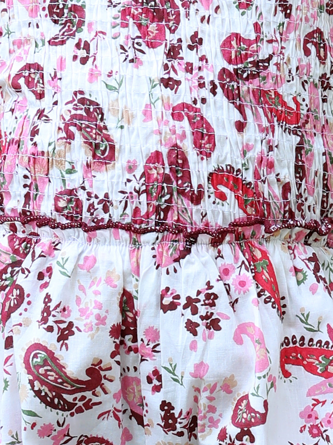 Cutiekins Square Neck Printed Cotton Playsuit -White & Maroon