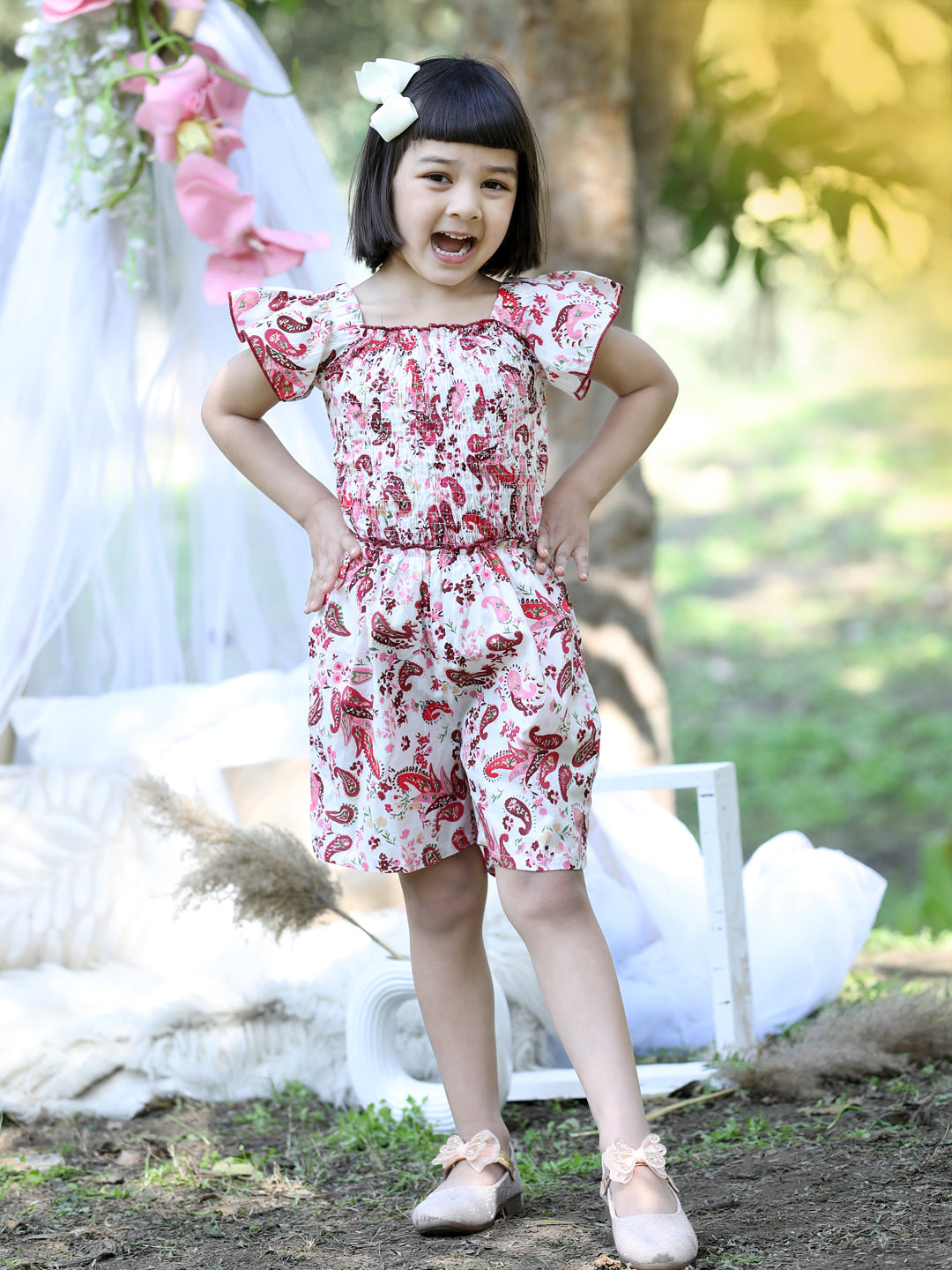 Cutiekins Square Neck Printed Cotton Playsuit -White & Maroon