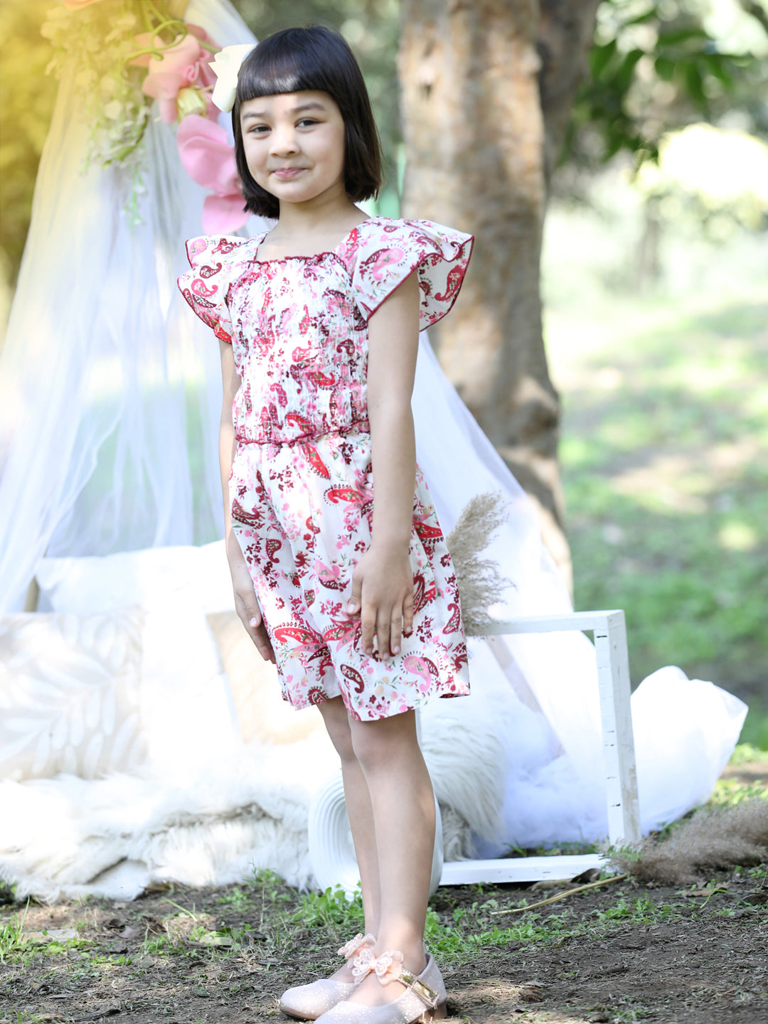 Cutiekins Square Neck Printed Cotton Playsuit -White & Maroon