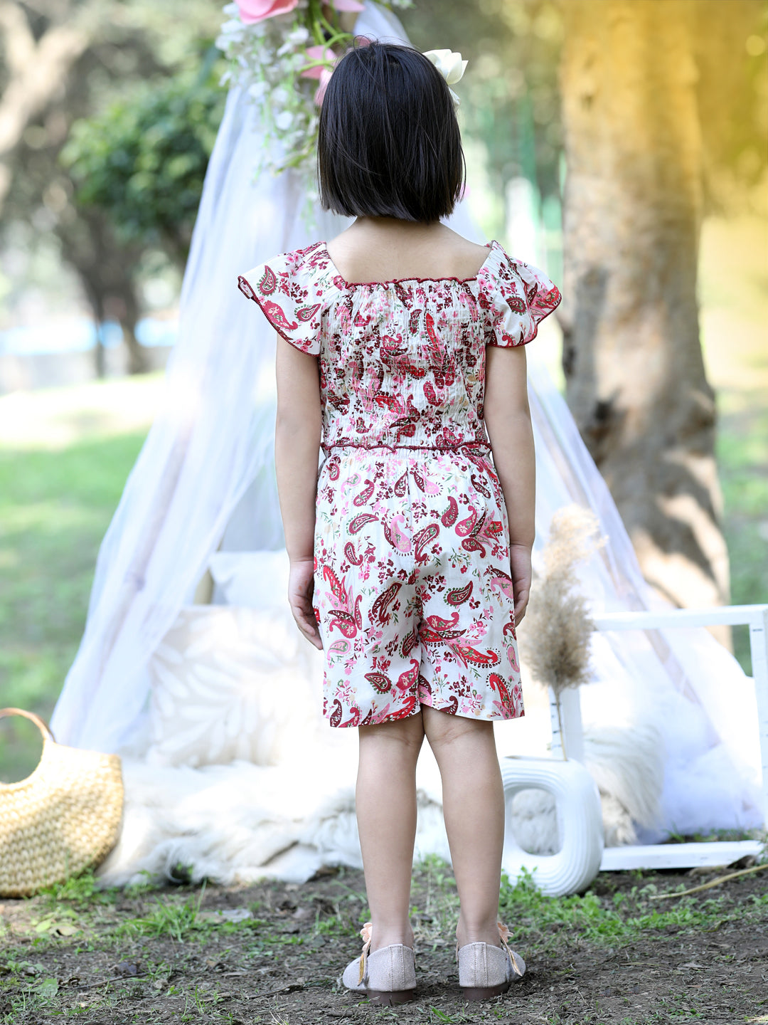 Cutiekins Square Neck Printed Cotton Playsuit -White & Maroon