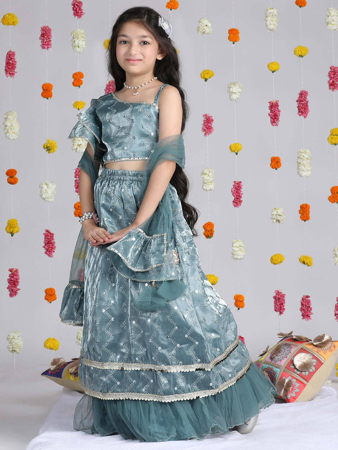 Cutiekins Girls Embroidered Mirror Work Ready to Wear Lehenga & Blouse With Dupatta -Teal Blue & Gold