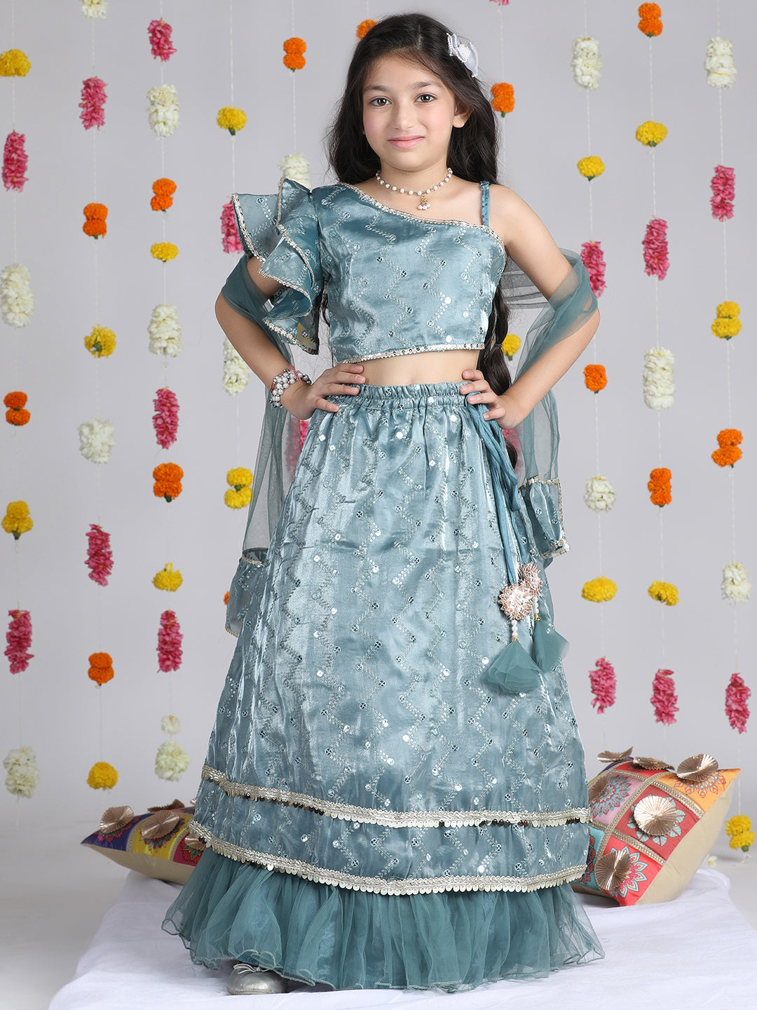Cutiekins Girls Embroidered Mirror Work Ready to Wear Lehenga & Blouse With Dupatta -Teal Blue & Gold