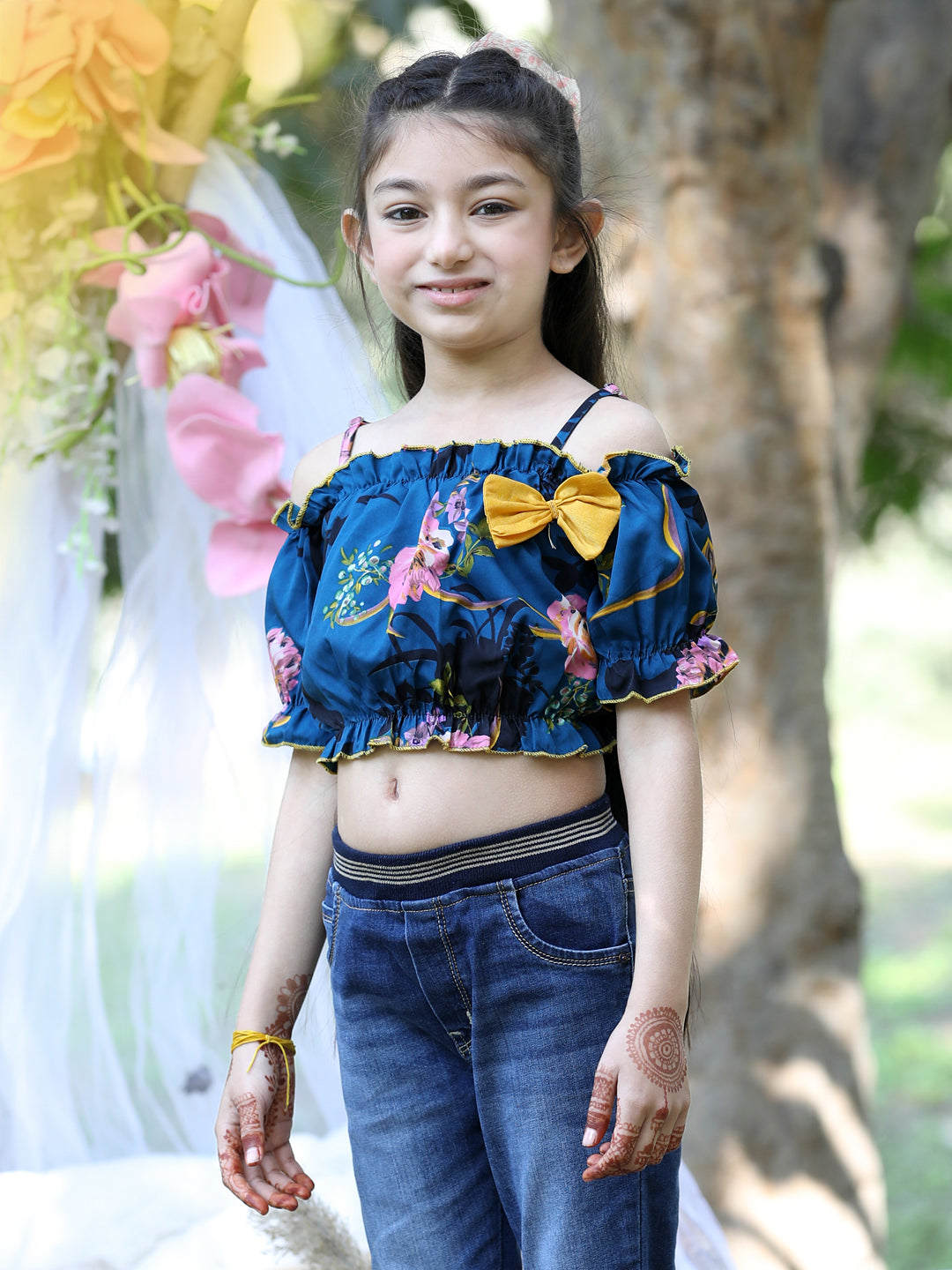 Cutiekins Shoulder Straps Printed Crop Top-Teal Blue & Yellow