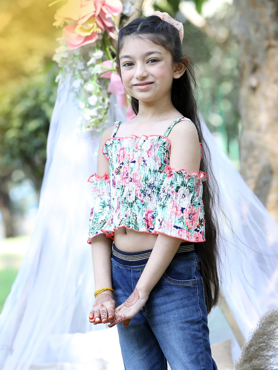 Cutiekins Shoulder Straps Printed Crop Top-Off White & Pink