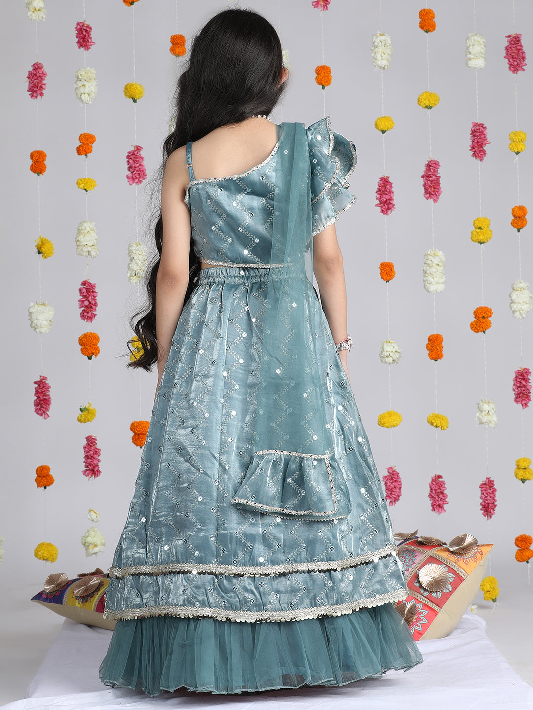 Cutiekins Girls Embroidered Mirror Work Ready to Wear Lehenga & Blouse With Dupatta -Teal Blue & Gold