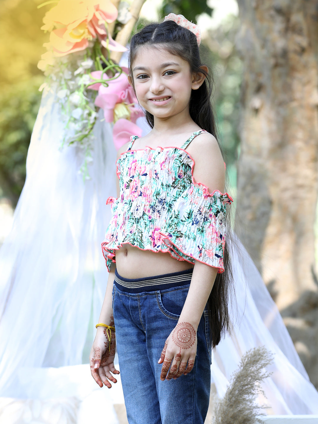 Cutiekins Shoulder Straps Printed Crop Top-Off White & Pink