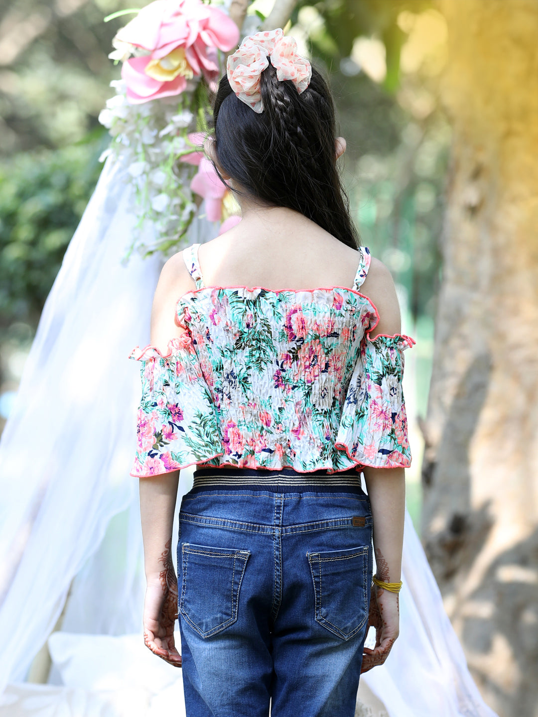 Cutiekins Shoulder Straps Printed Crop Top-Off White & Pink