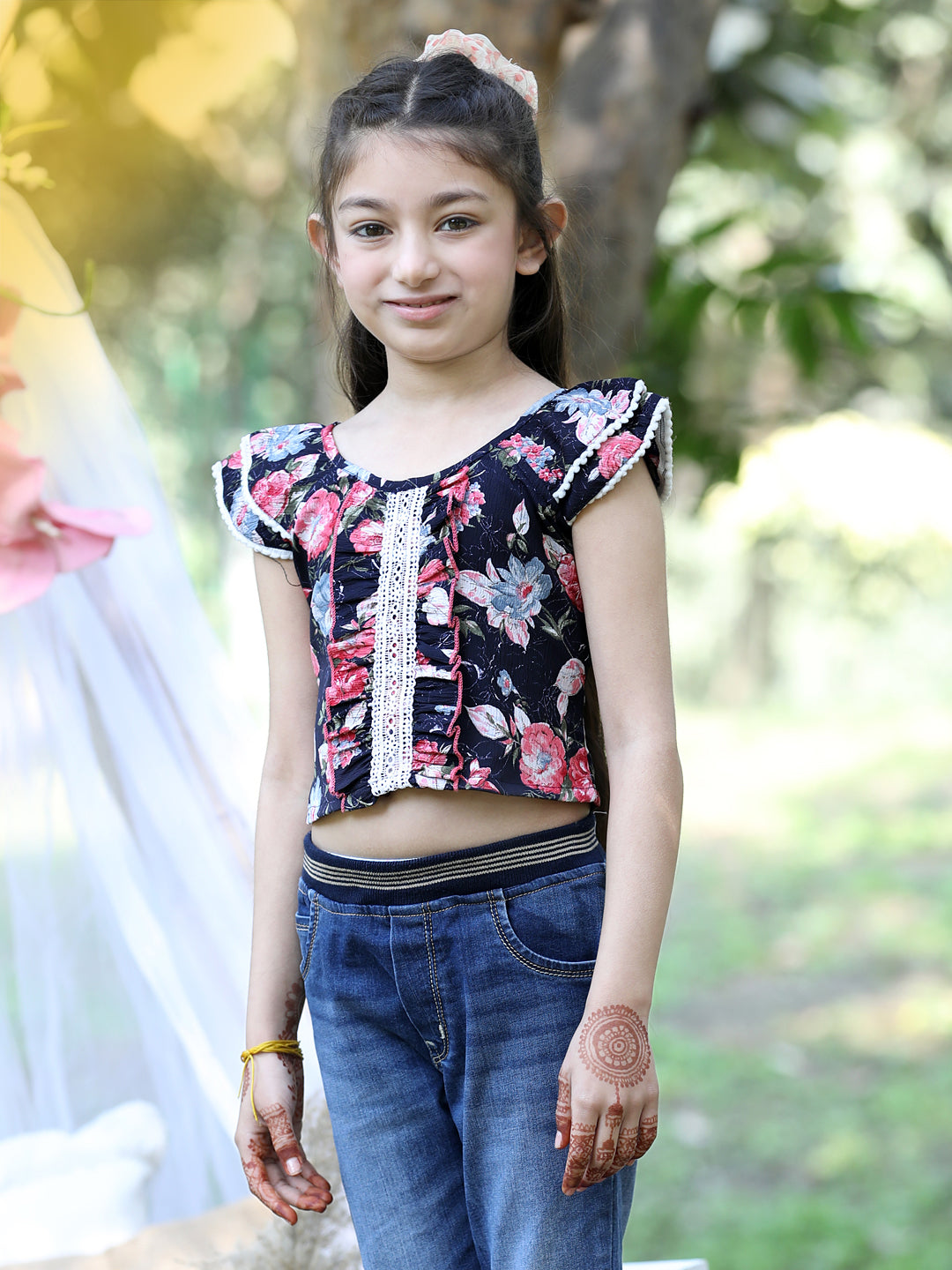 Cutiekins Round Neck Printed Crop Top-Navy Blue & Pink