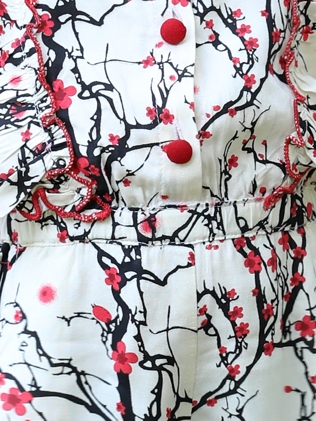 Cutiekins Round Neck Printed Rayon Playsuit -Off White & Red