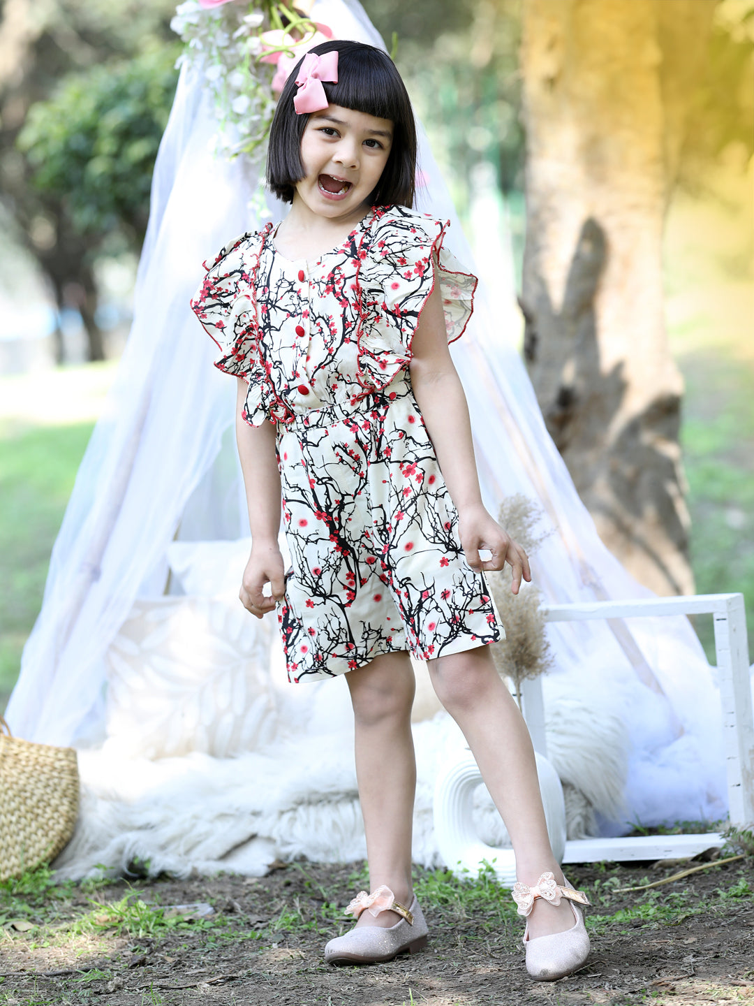 Cutiekins Round Neck Printed Rayon Playsuit -Off White & Red