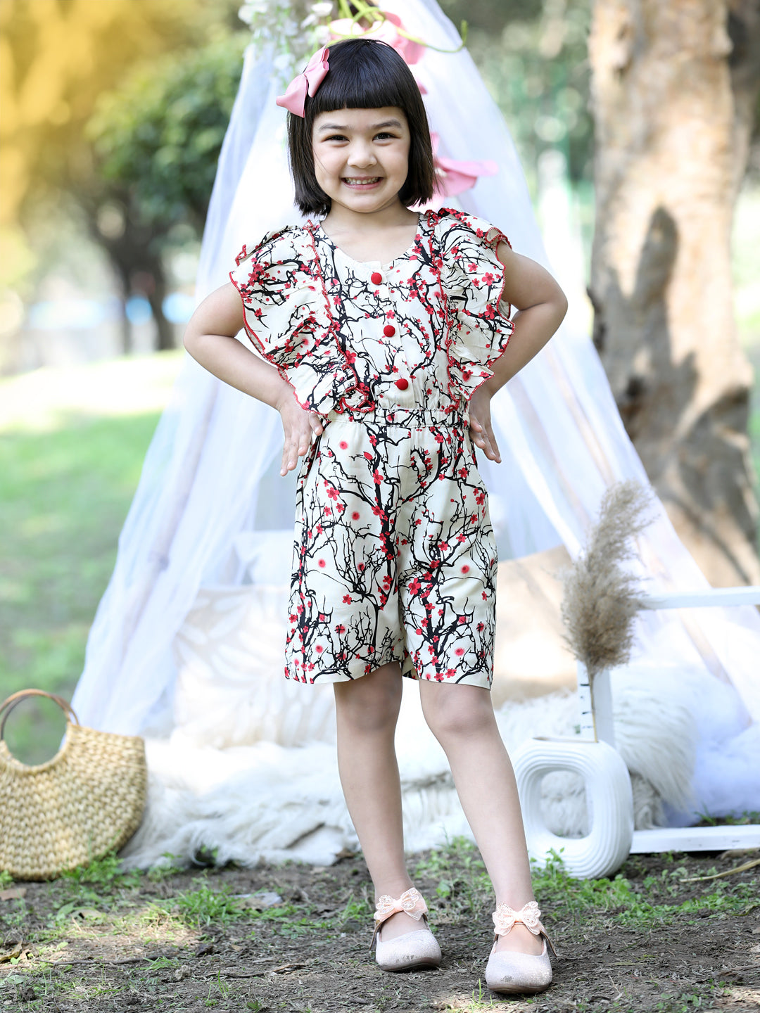 Cutiekins Round Neck Printed Rayon Playsuit -Off White & Red