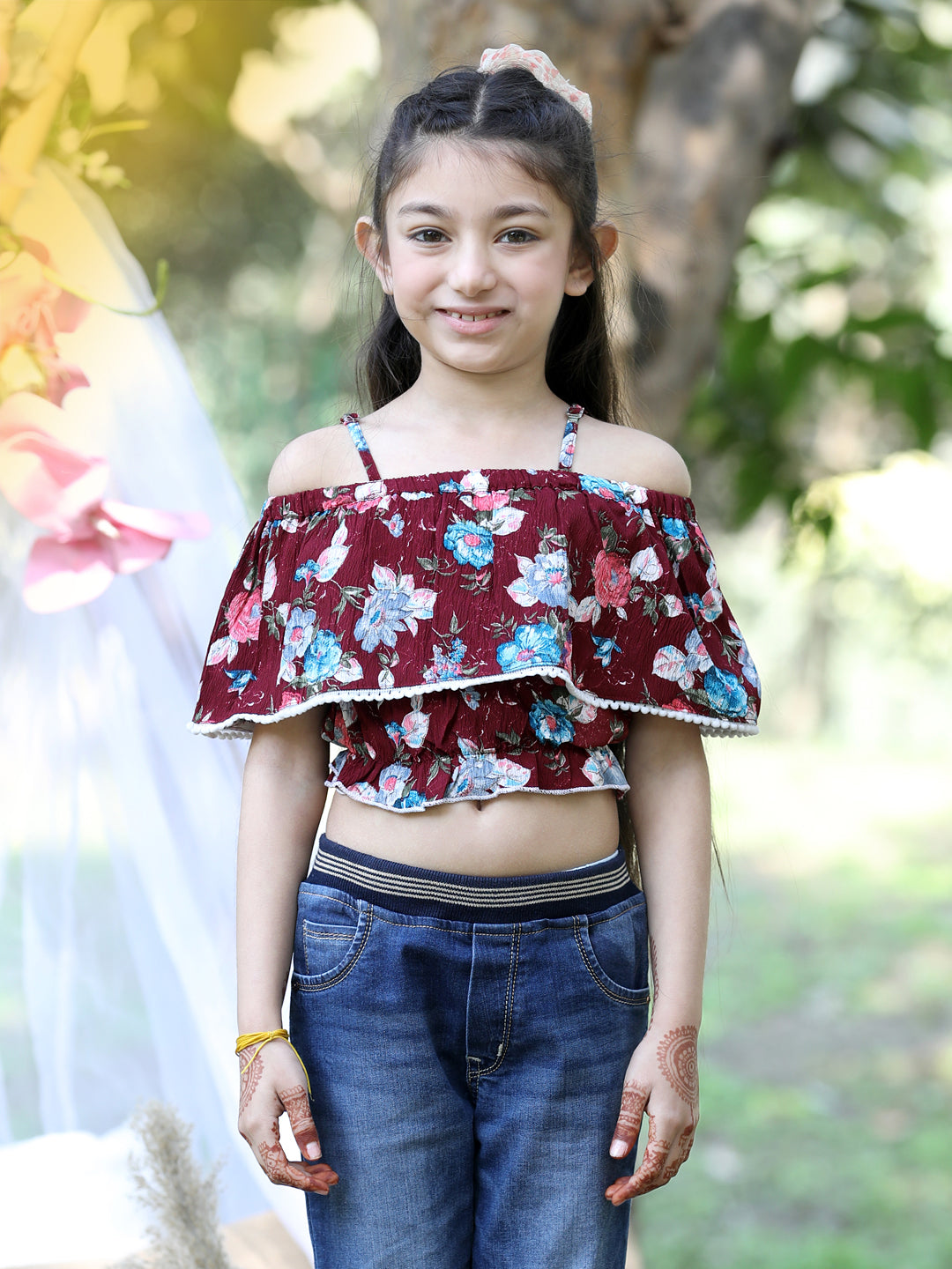 Cutiekins Shoulder Straps Printed Crop Top-Maroon & White