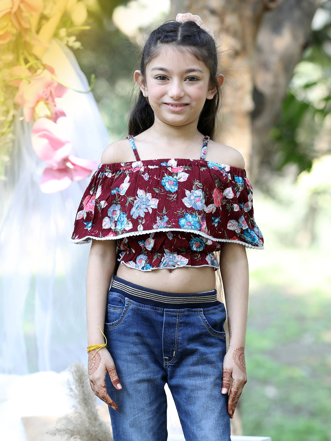 Cutiekins Shoulder Straps Printed Crop Top-Maroon & White
