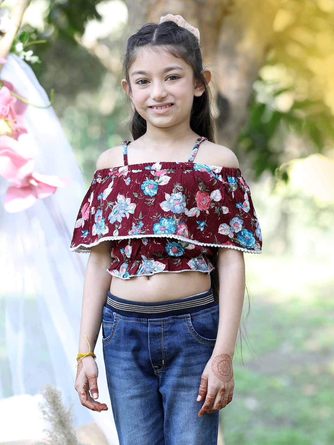 Cutiekins Shoulder Straps Printed Crop Top-Maroon & White