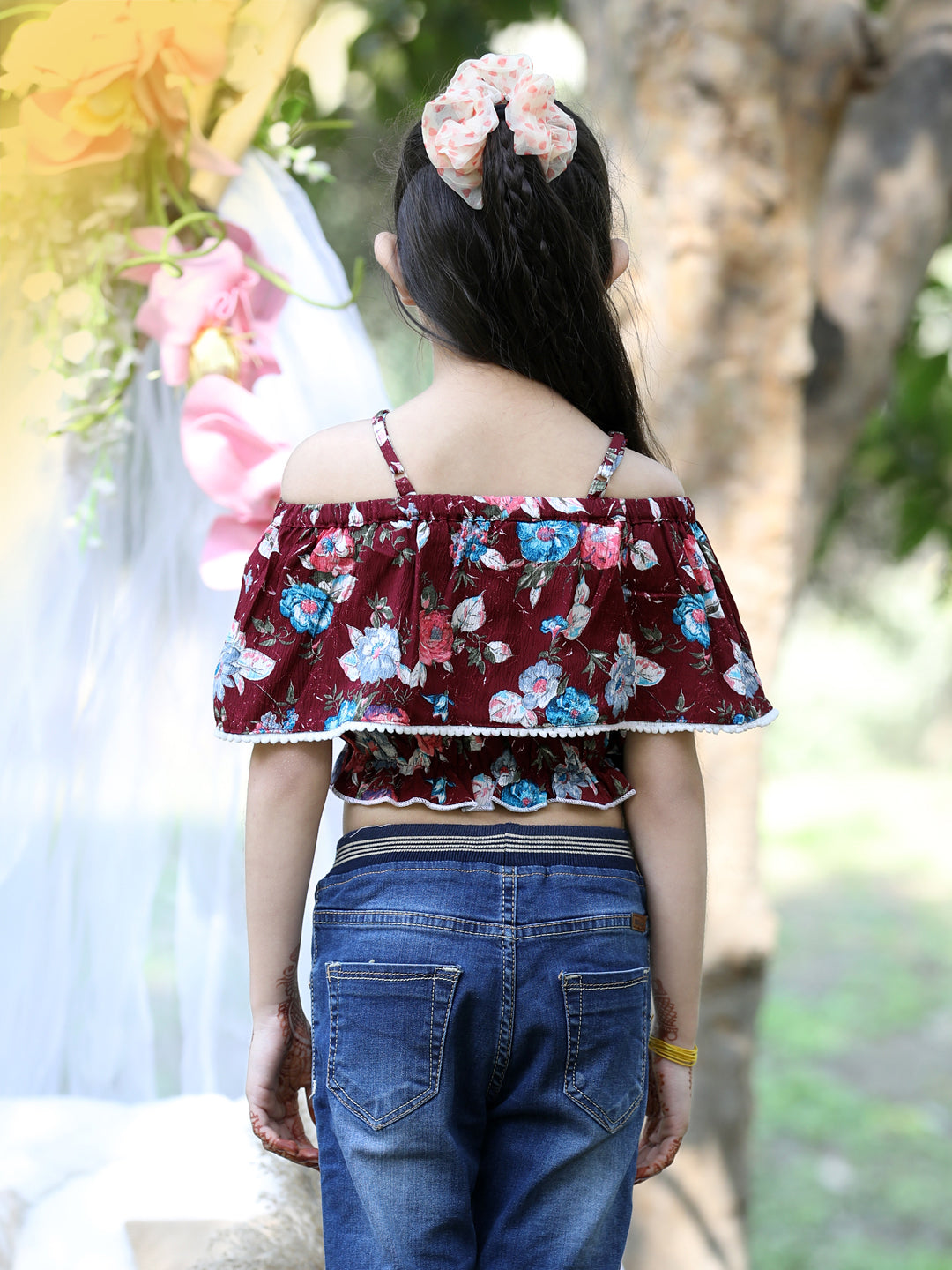 Cutiekins Shoulder Straps Printed Crop Top-Maroon & White