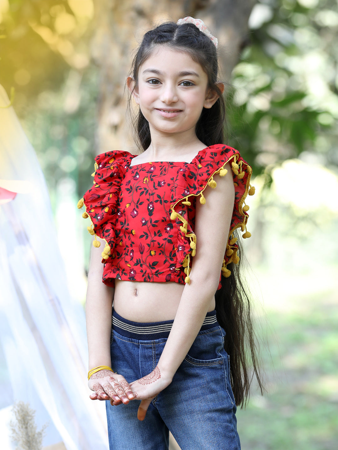 Cutiekins Square Neck Printed Crop Top-Red & Yellow