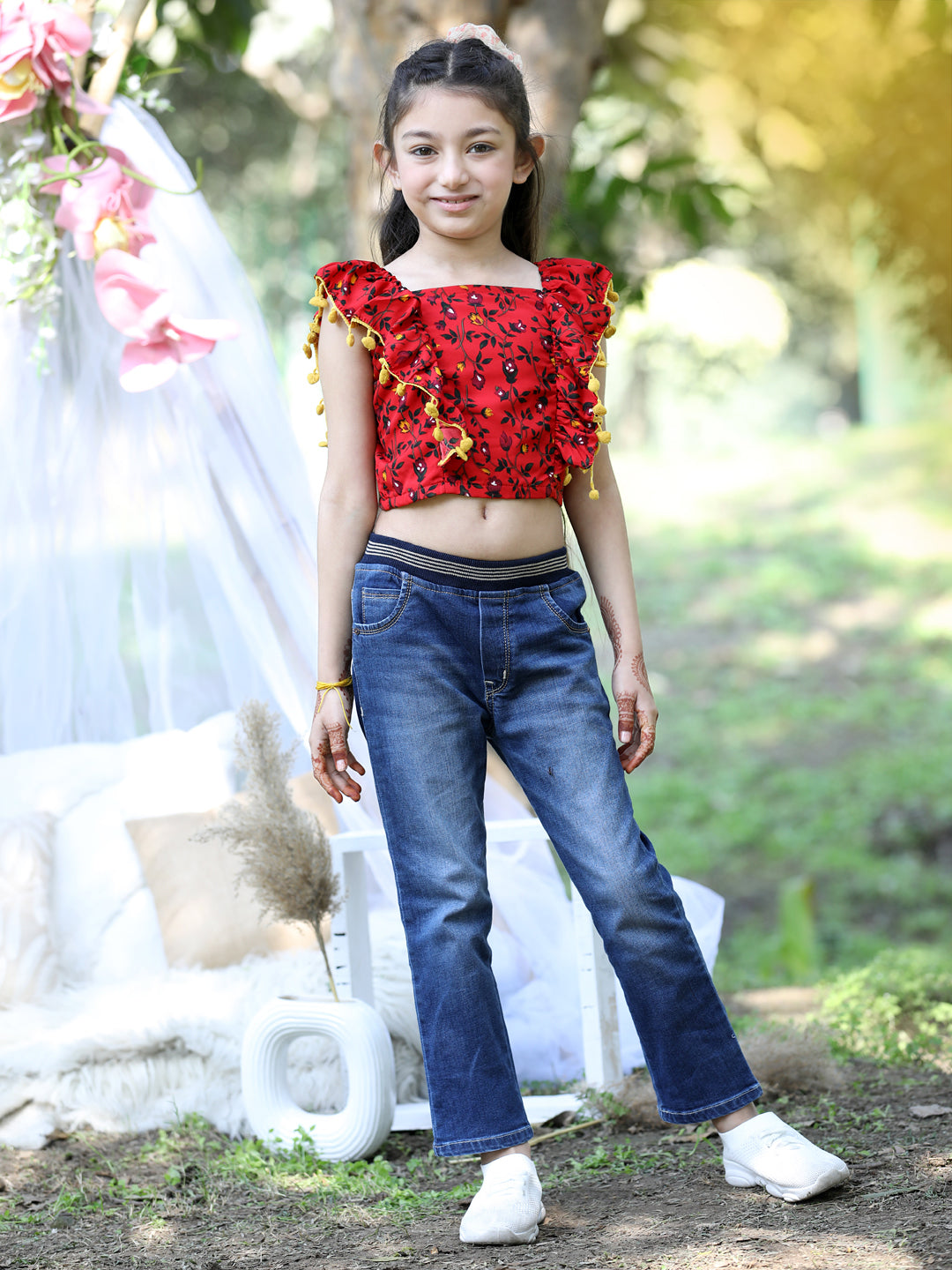 Cutiekins Square Neck Printed Crop Top-Red & Yellow
