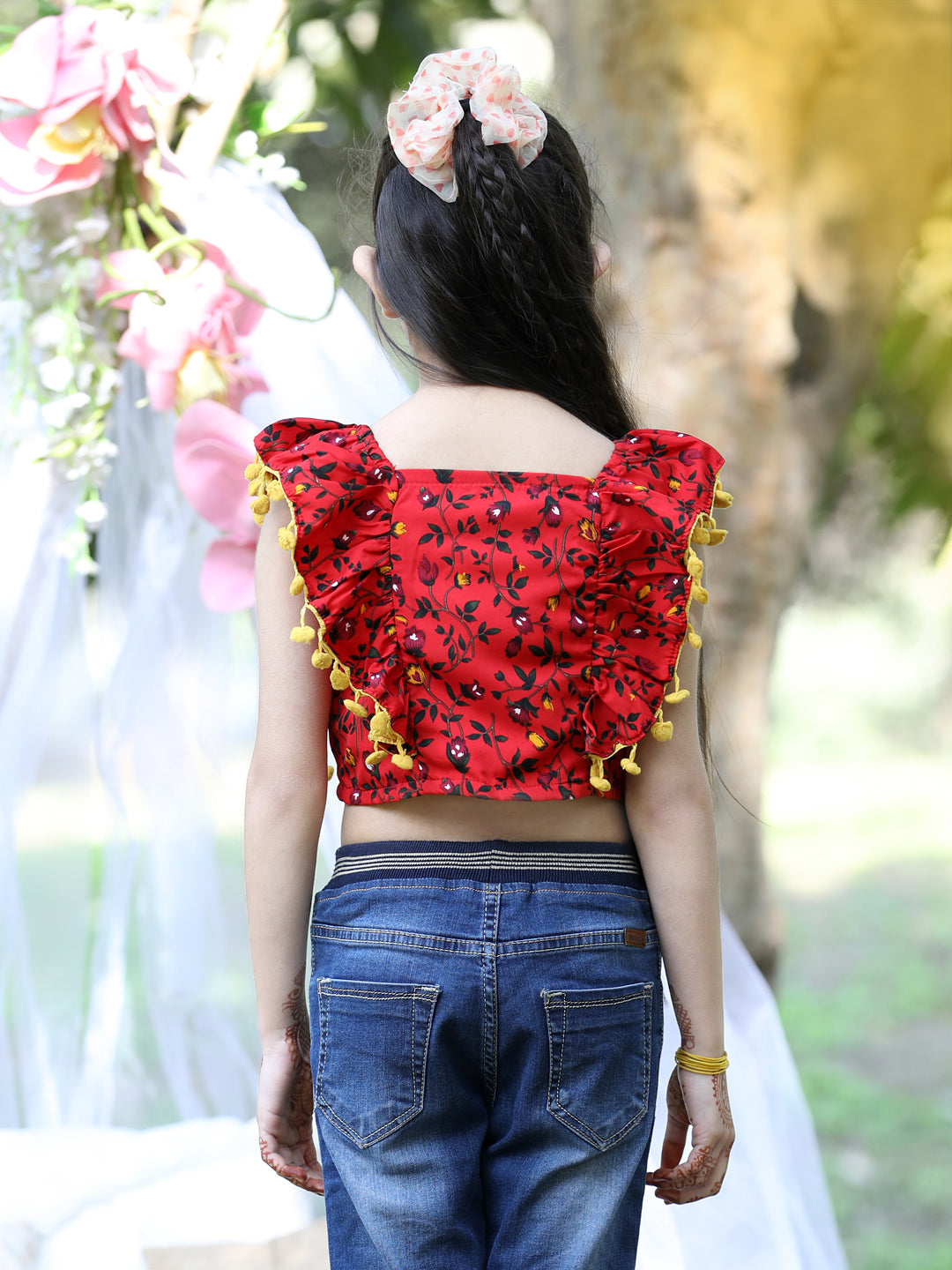 Cutiekins Square Neck Printed Crop Top-Red & Yellow