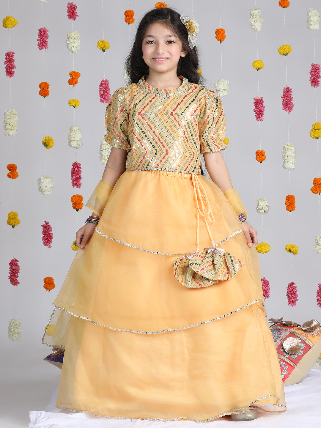 Cutiekins Girls Embroidered Sequinned Ready to Wear Lehenga & Choli With Dupatta -Mustard & Silver