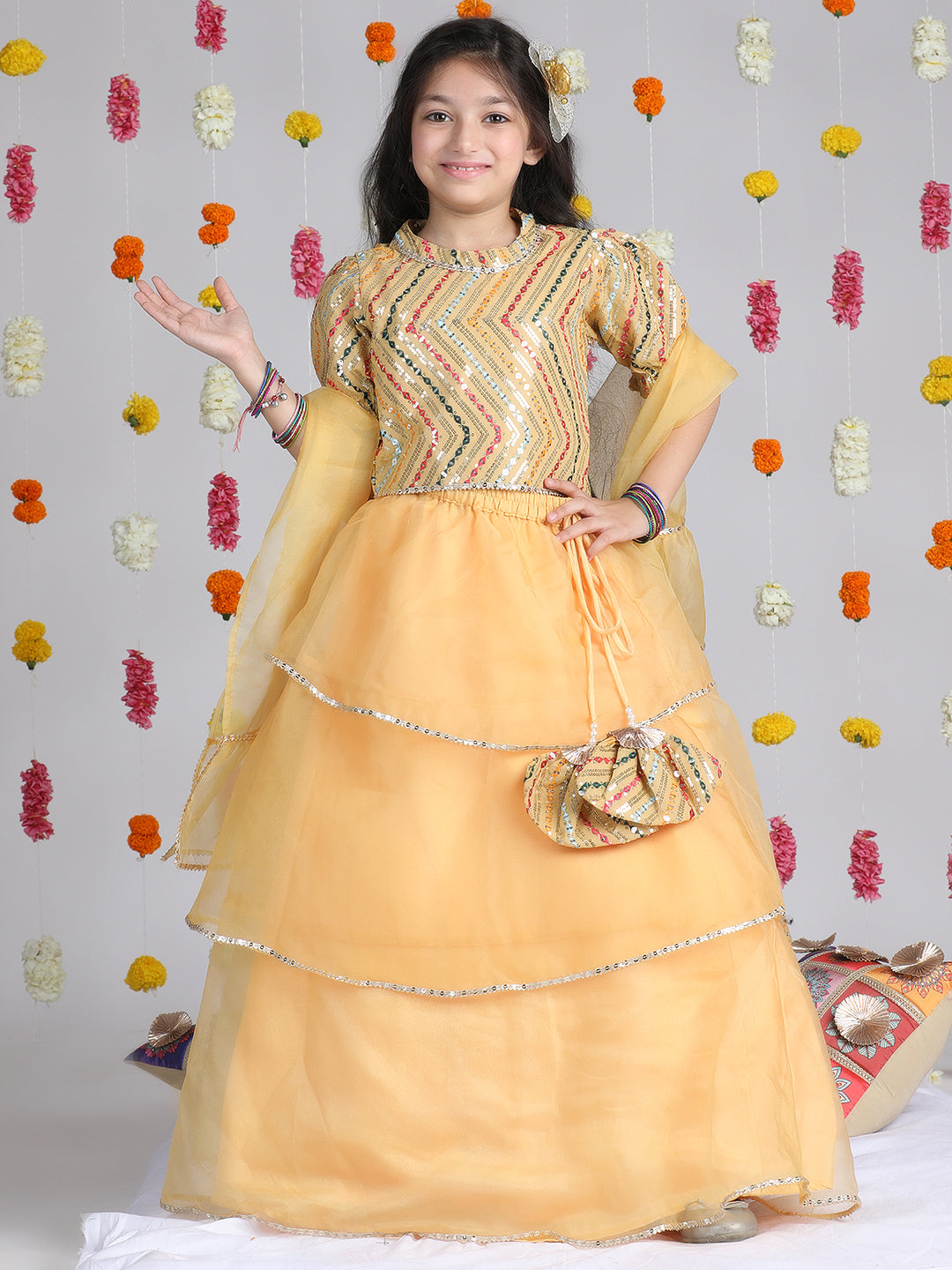 Cutiekins Girls Embroidered Sequinned Ready to Wear Lehenga & Choli With Dupatta -Mustard & Silver