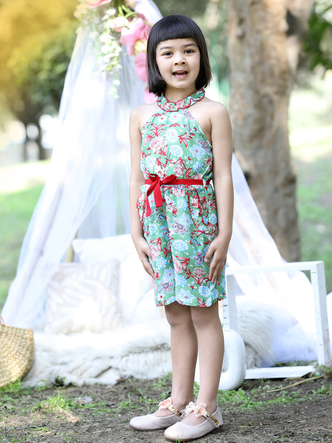 Cutiekins Halter Neck Printed Rayon Playsuit -Green & Red