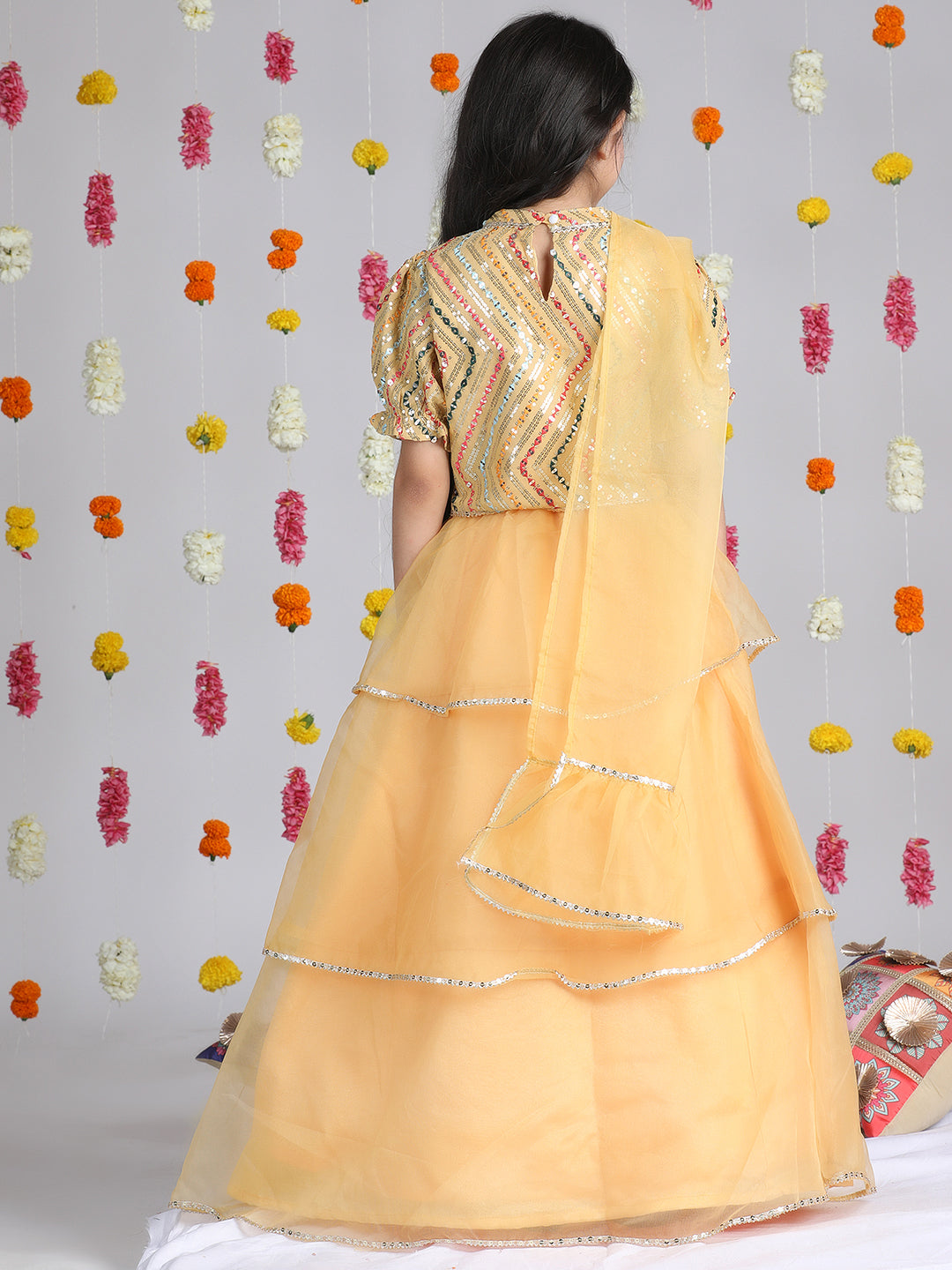 Cutiekins Girls Embroidered Sequinned Ready to Wear Lehenga & Choli With Dupatta -Mustard & Silver