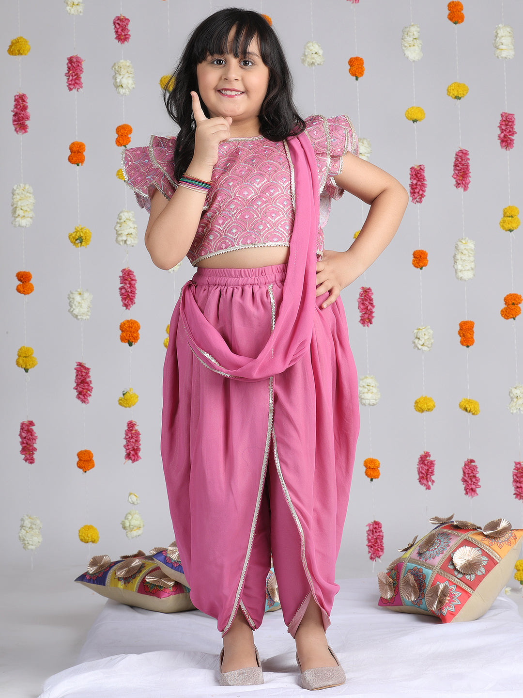 Cutiekins Girls Embroidered Drape Dhoti & Top -Onion Pink & Silver