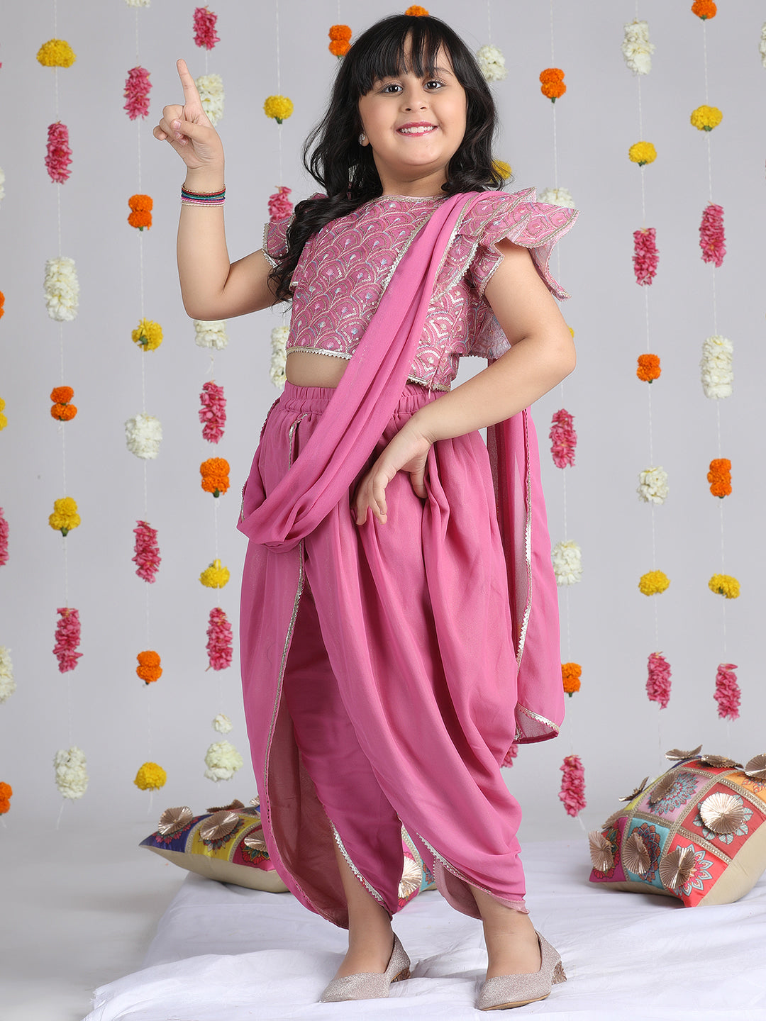 Cutiekins Girls Embroidered Drape Dhoti & Top -Onion Pink & Silver