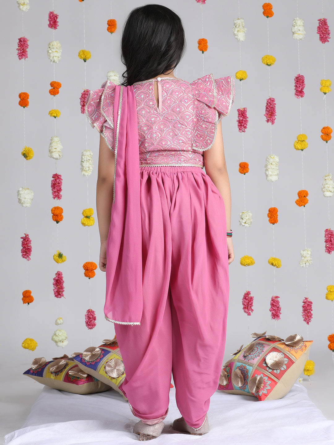 Cutiekins Girls Embroidered Drape Dhoti & Top -Onion Pink & Silver