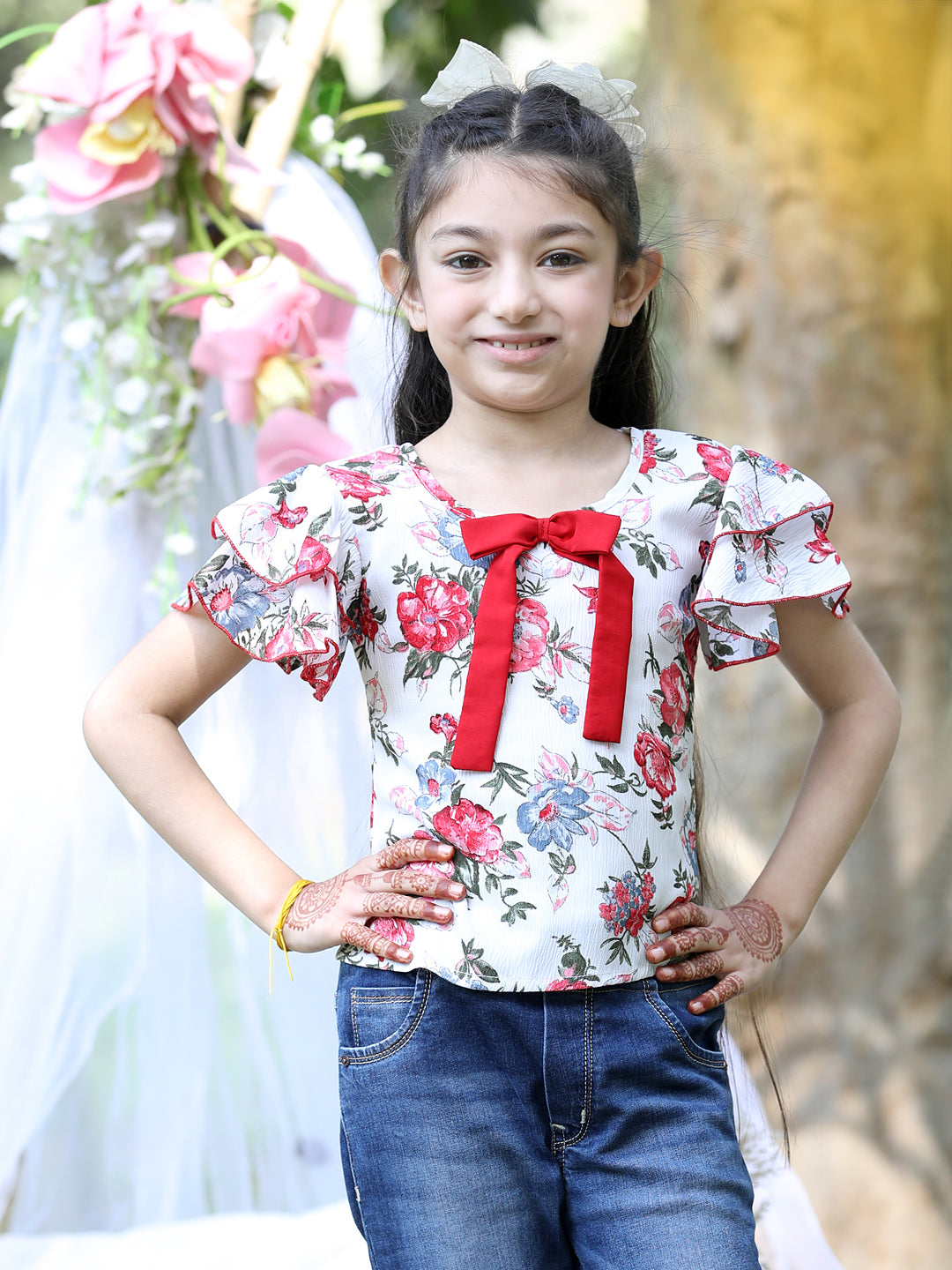 Cutiekins Round Neck Printed Regular Top-White & Red