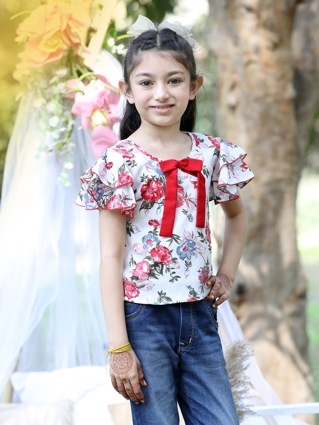Cutiekins Round Neck Printed Regular Top-White & Red