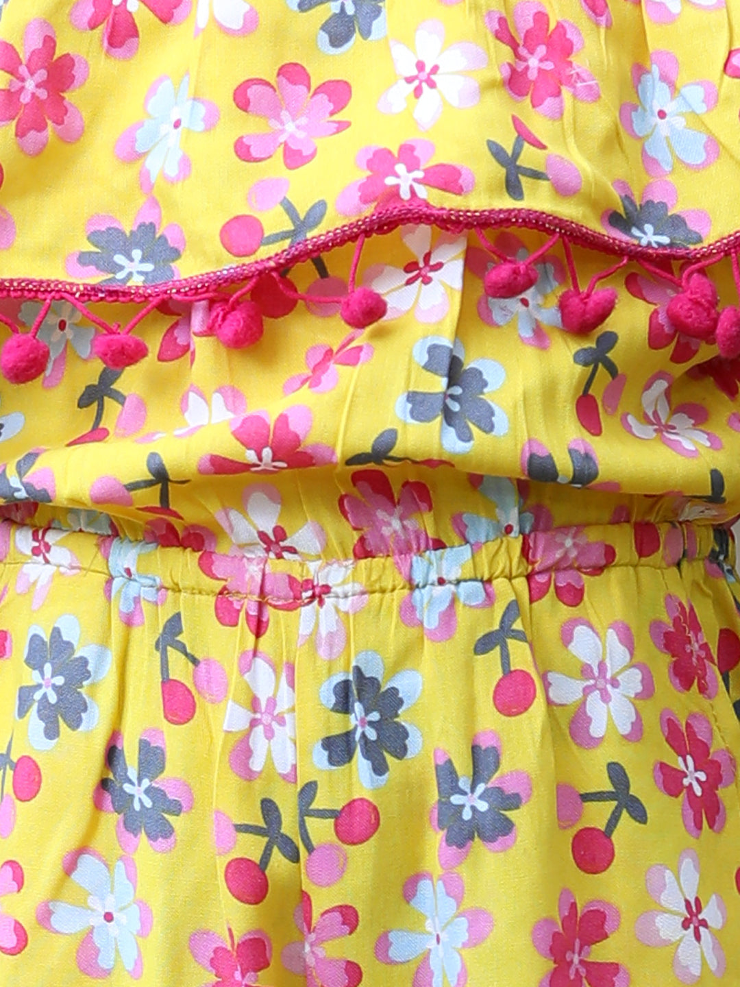 Cutiekins Off-Shoulder Printed Rayon Playsuit -Mustard & Pink