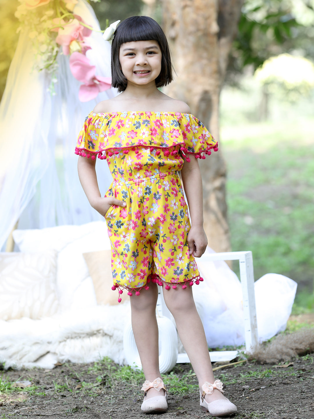 Cutiekins Off-Shoulder Printed Rayon Playsuit -Mustard & Pink