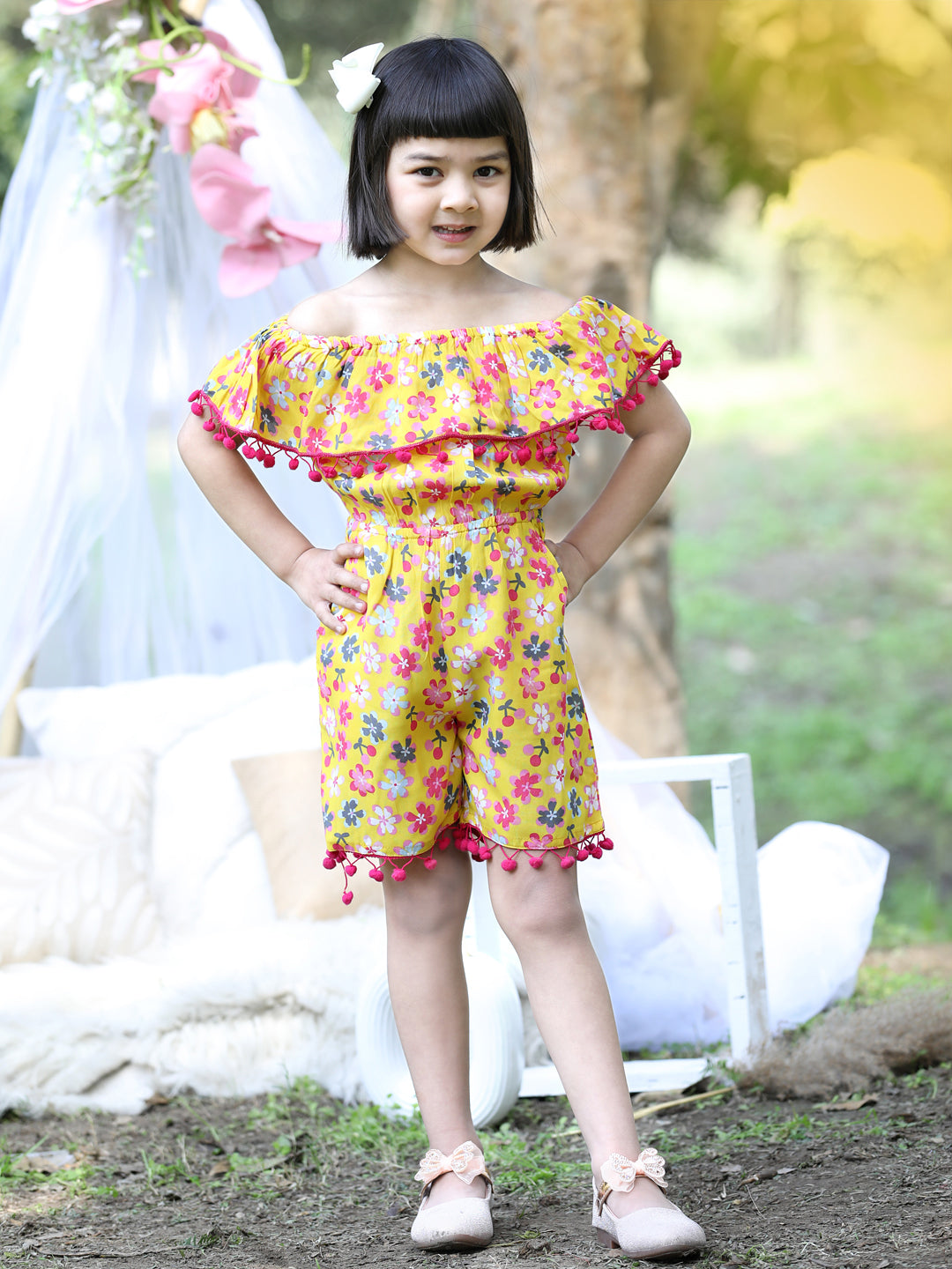 Cutiekins Off-Shoulder Printed Rayon Playsuit -Mustard & Pink