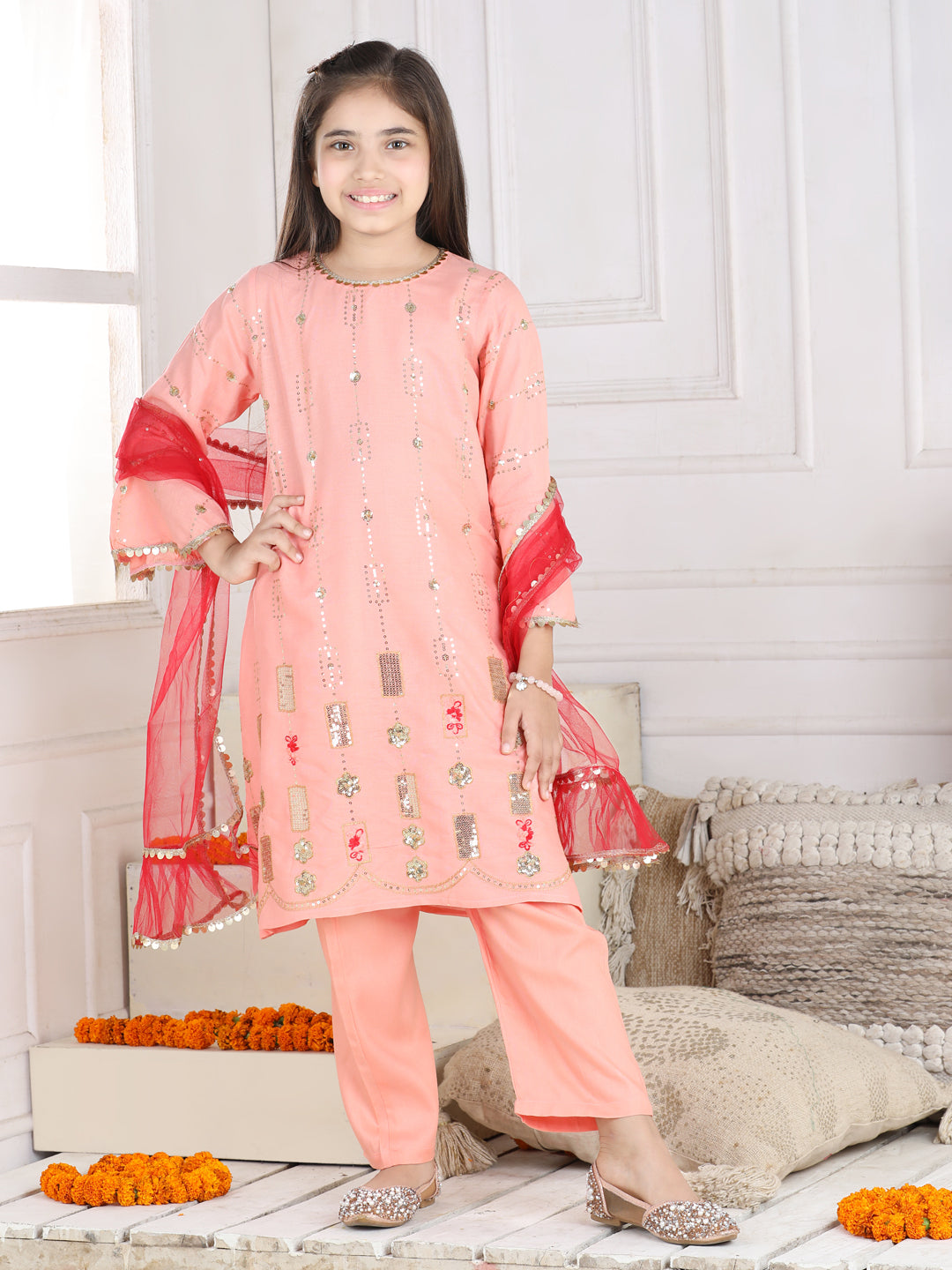 Cutiekins Sequence Embroided A-line Kurta, Palazzo & Dupatta Set-Peach & Golden
