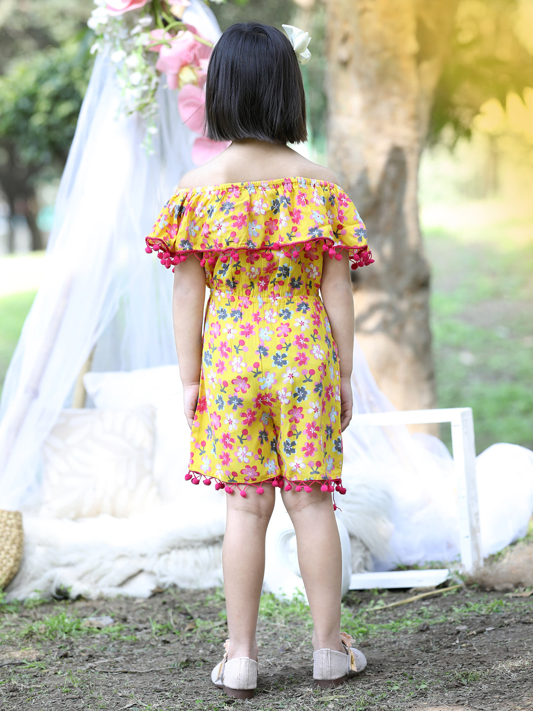 Cutiekins Off-Shoulder Printed Rayon Playsuit -Mustard & Pink