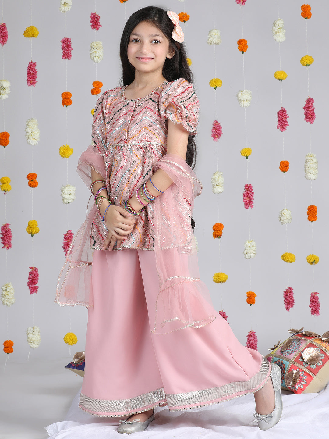 Cutiekins Girls Embroidered Puffed Sleeves A-Line Kurta With Palazzos & Dupatta -Peach & Multi