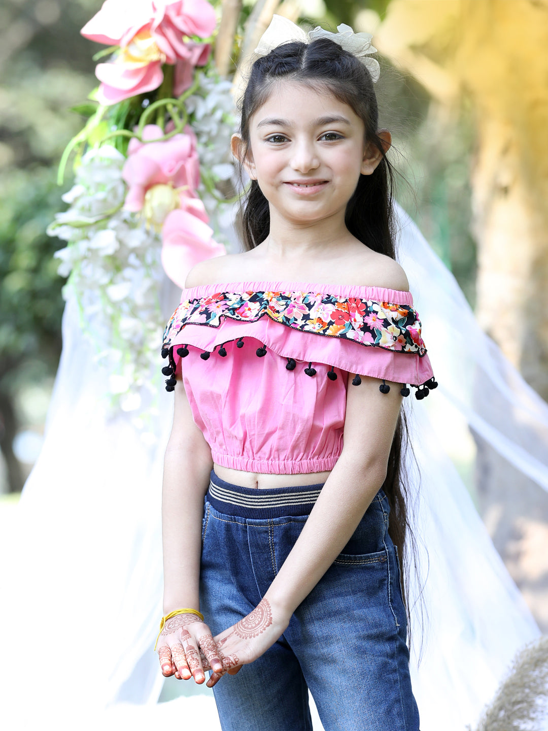 Cutiekins Off-Shoulder Solid Crop Top-Light Pink & Black