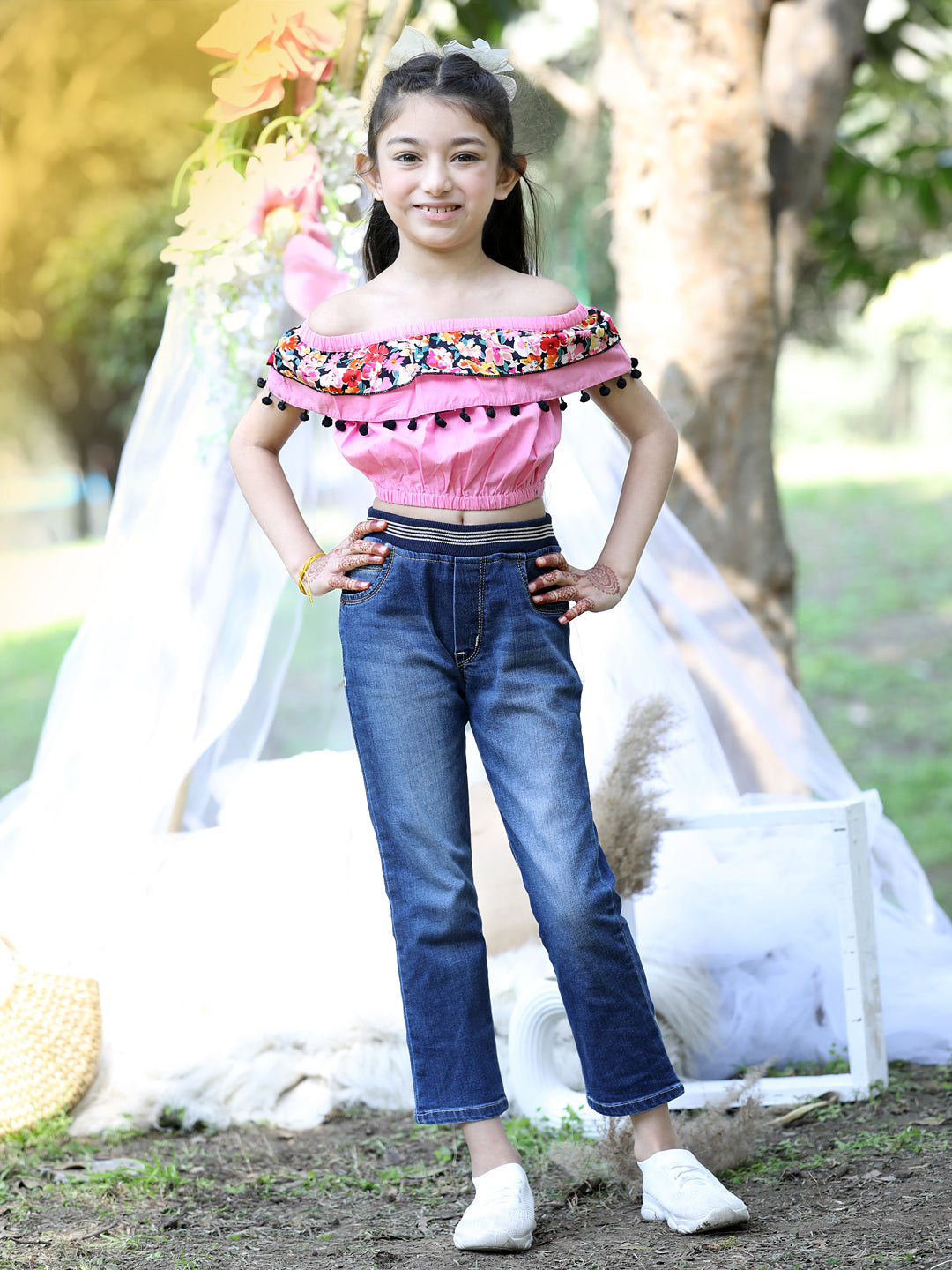 Cutiekins Off-Shoulder Solid Crop Top-Light Pink & Black