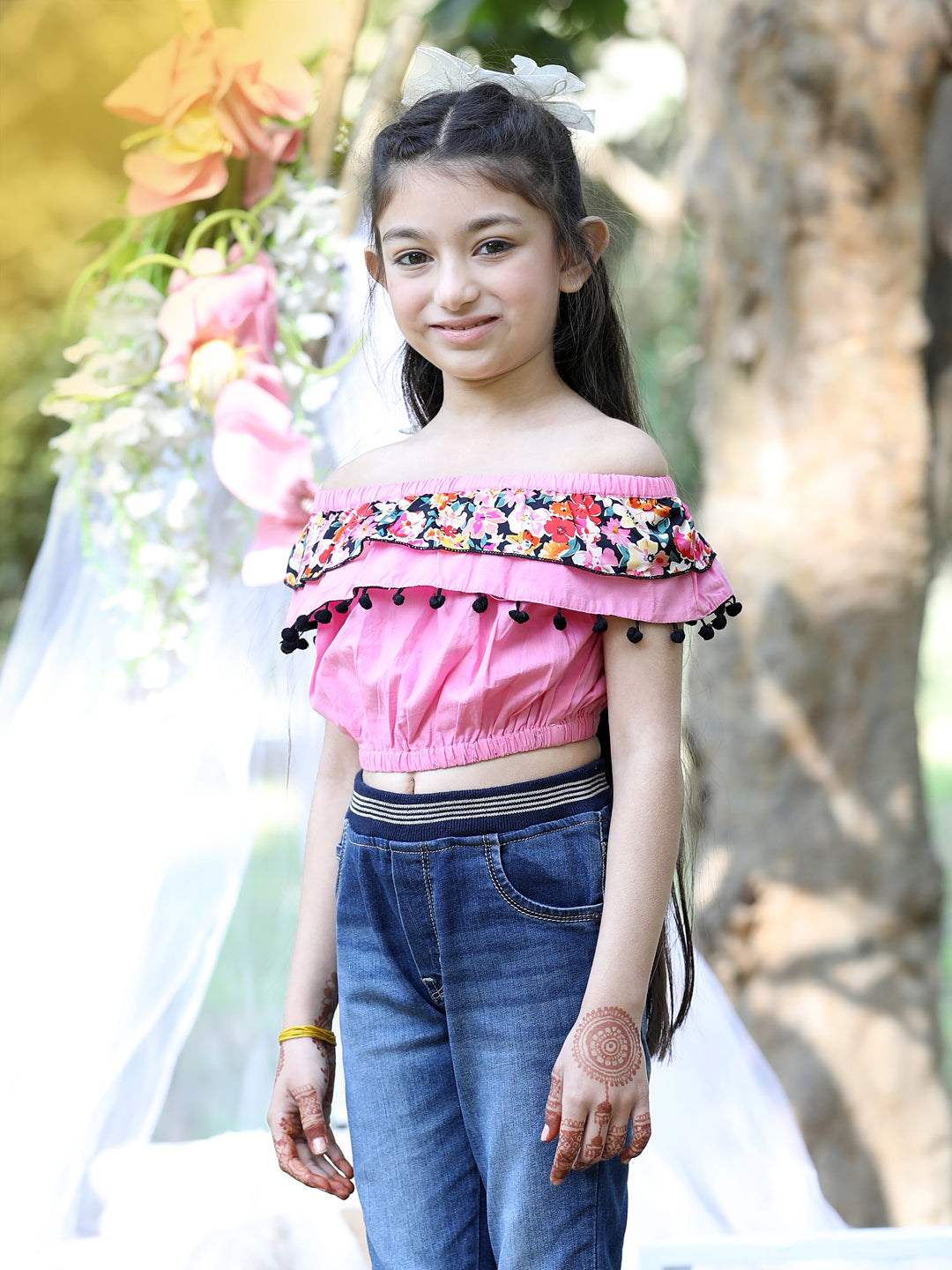 Cutiekins Off-Shoulder Solid Crop Top-Light Pink & Black