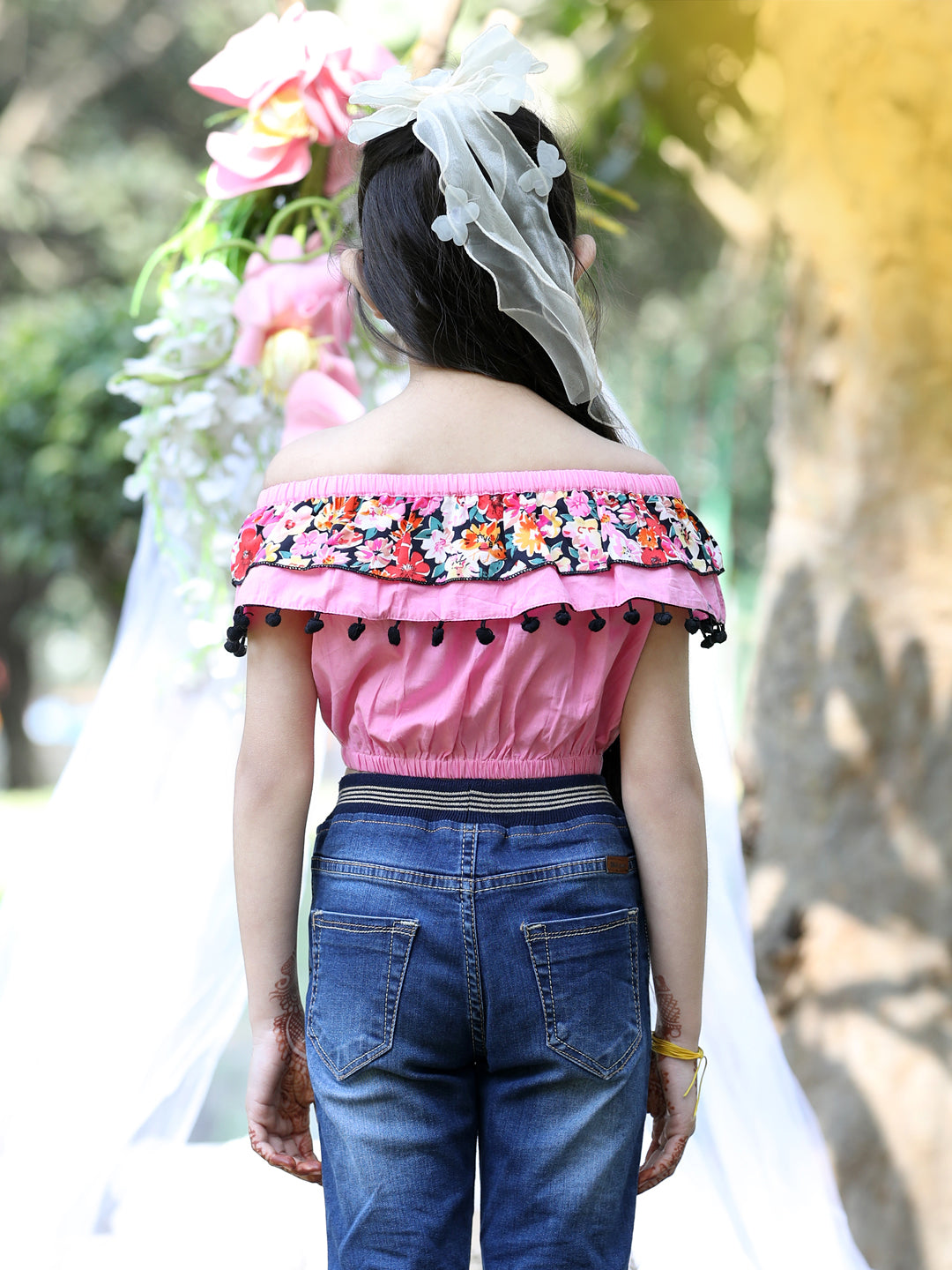 Cutiekins Off-Shoulder Solid Crop Top-Light Pink & Black