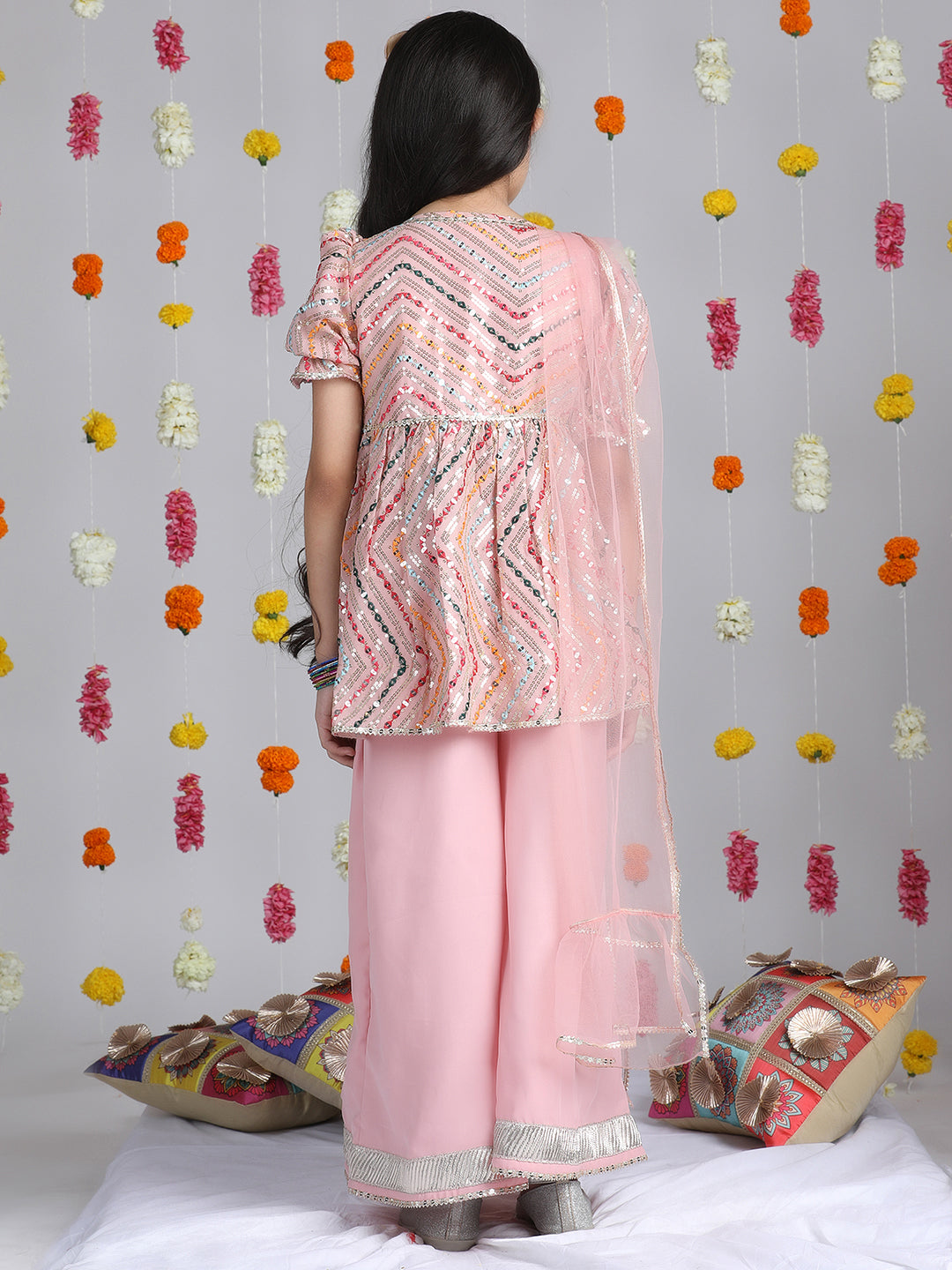 Cutiekins Girls Embroidered Puffed Sleeves A-Line Kurta With Palazzos & Dupatta -Peach & Multi